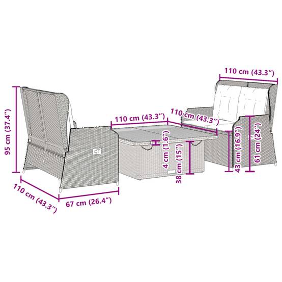 Ensemble de jardin 3 pcs avec bancs relax et table carrée 110x110 cm gris – ComfortXL Outdoor Living - Image 9