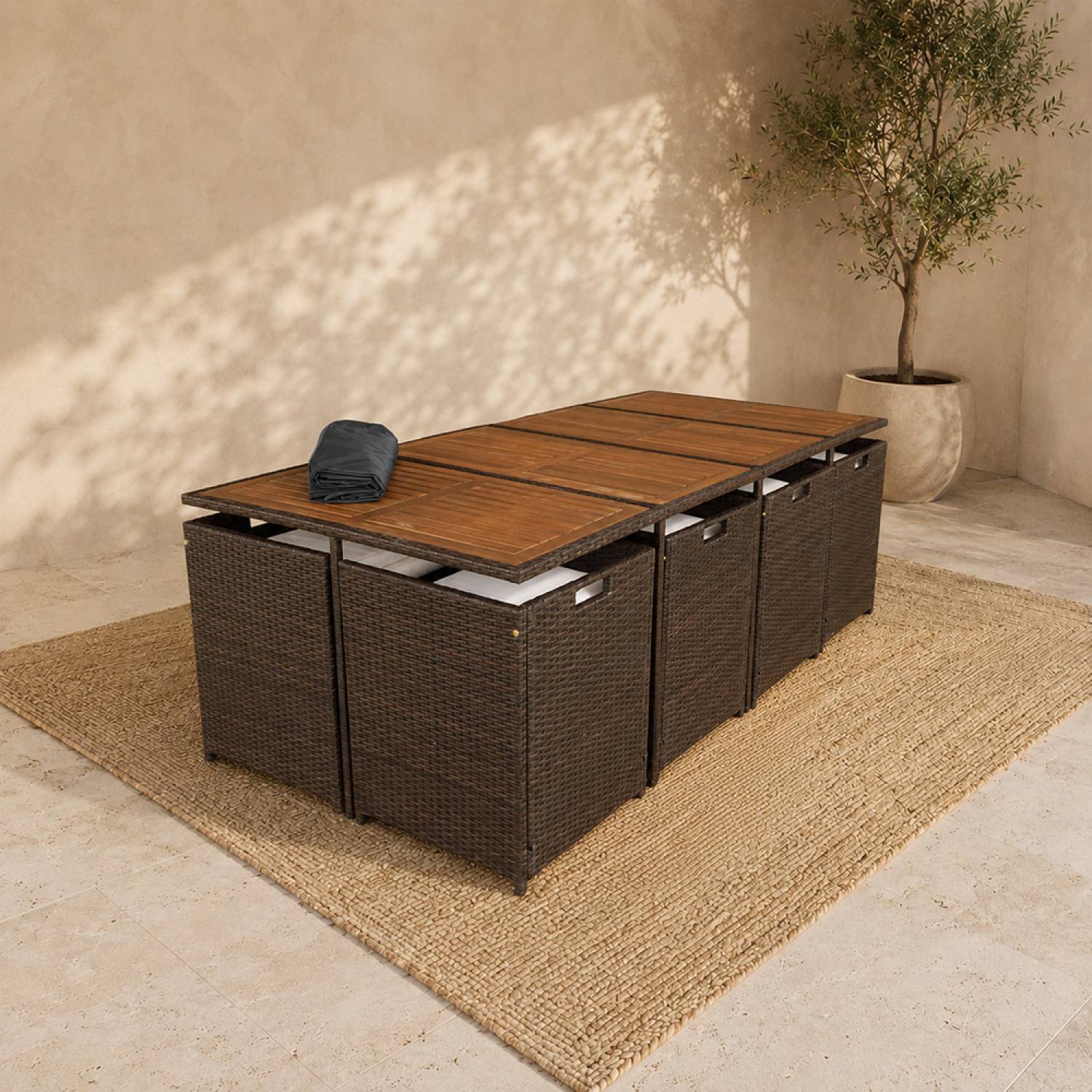 Salon de jardin 12 pl en résine marron et coussins beige + housse TOLEDO - Image 8
