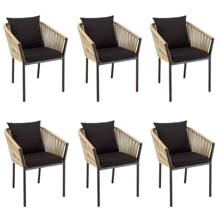 Macabane - MALO - Lot de 6 fauteuils en cordage couleur naturelle coussins noirs - Imagen 3