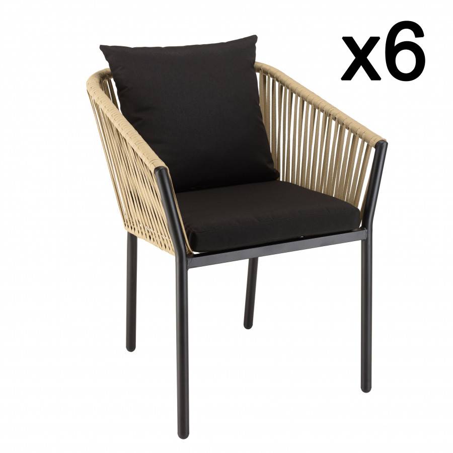 Macabane - MALO - Lot de 6 fauteuils en cordage couleur naturelle coussins noirs - Imagen 1