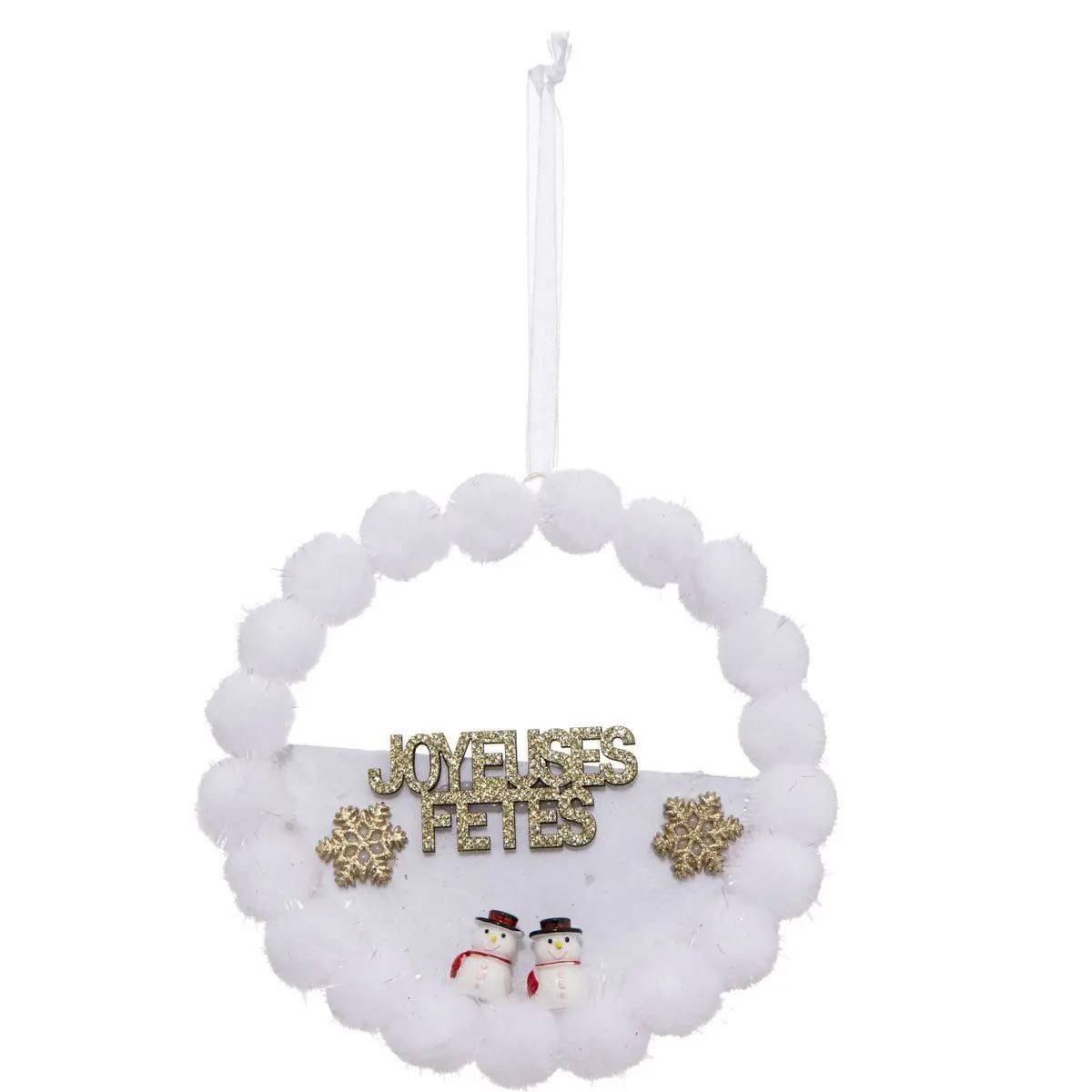 Atmosphera - Sujet de Noël "Couronne Pompons" 14cm Blanc