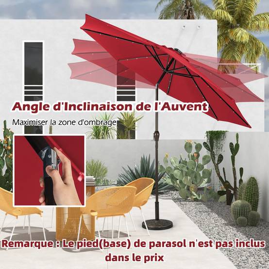 Costway - Parasol de Jardin Exterieur 3M, Parasol Inclinable 8 Baleines, Lumineux Solaire 24 LED, Manivelle, Anti-UV, Grand Parasol en Métal, Rouge - Image 4