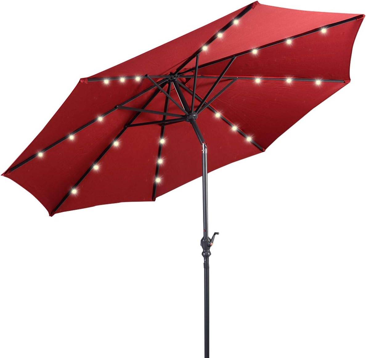 Costway - Parasol de Jardin Exterieur 3M, Parasol Inclinable 8 Baleines, Lumineux Solaire 24 LED, Manivelle, Anti-UV, Grand Parasol en Métal, Rouge - Image 1