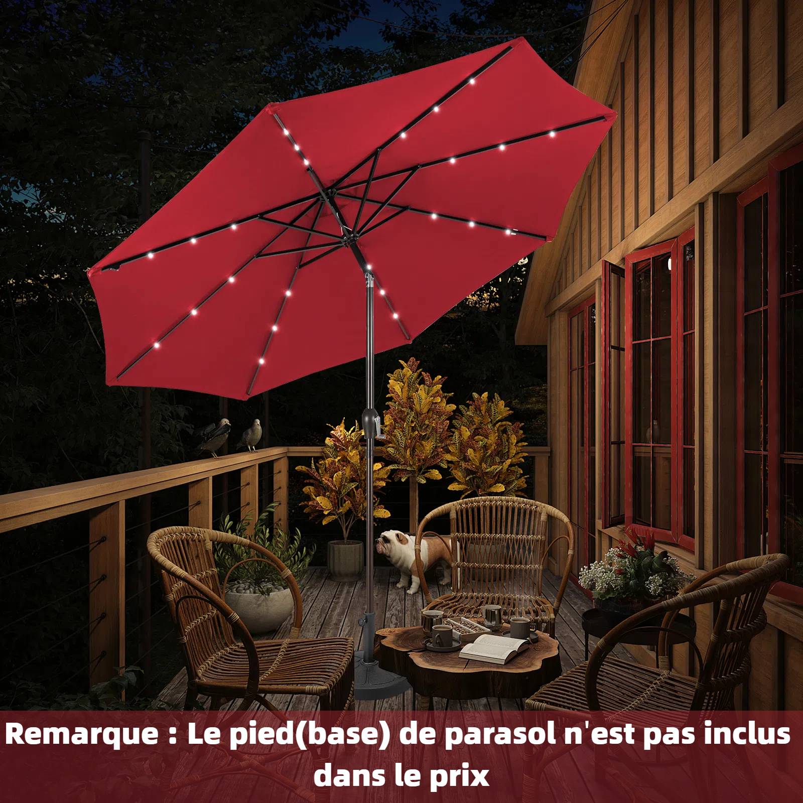 Costway - Parasol de Jardin Exterieur 3M, Parasol Inclinable 8 Baleines, Lumineux Solaire 24 LED, Manivelle, Anti-UV, Grand Parasol en Métal, Rouge - Image 3