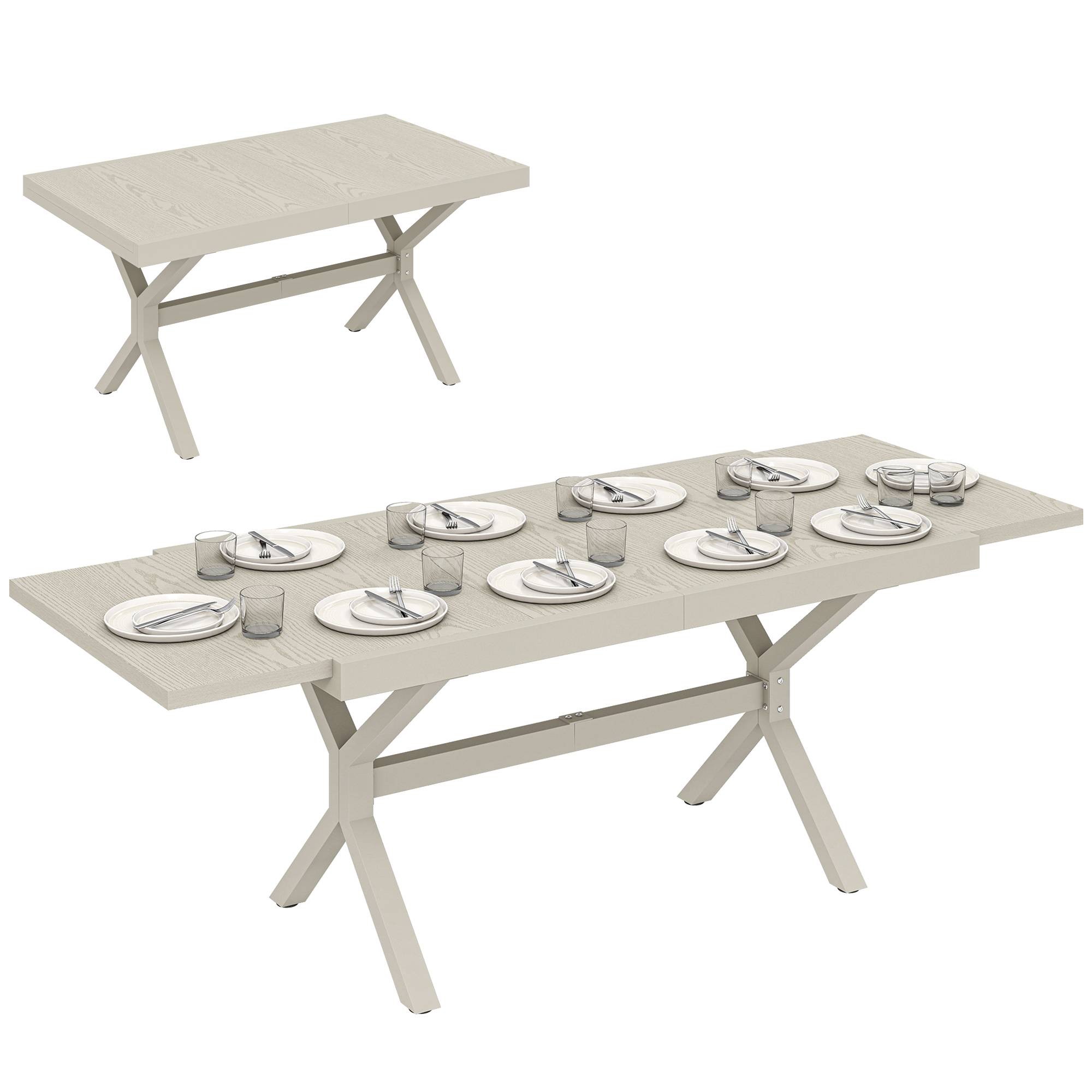 Table à manger extérieure extensible 154/214 cm pour 8-10 personnes aluminium acier, plateau imitation bois gris
