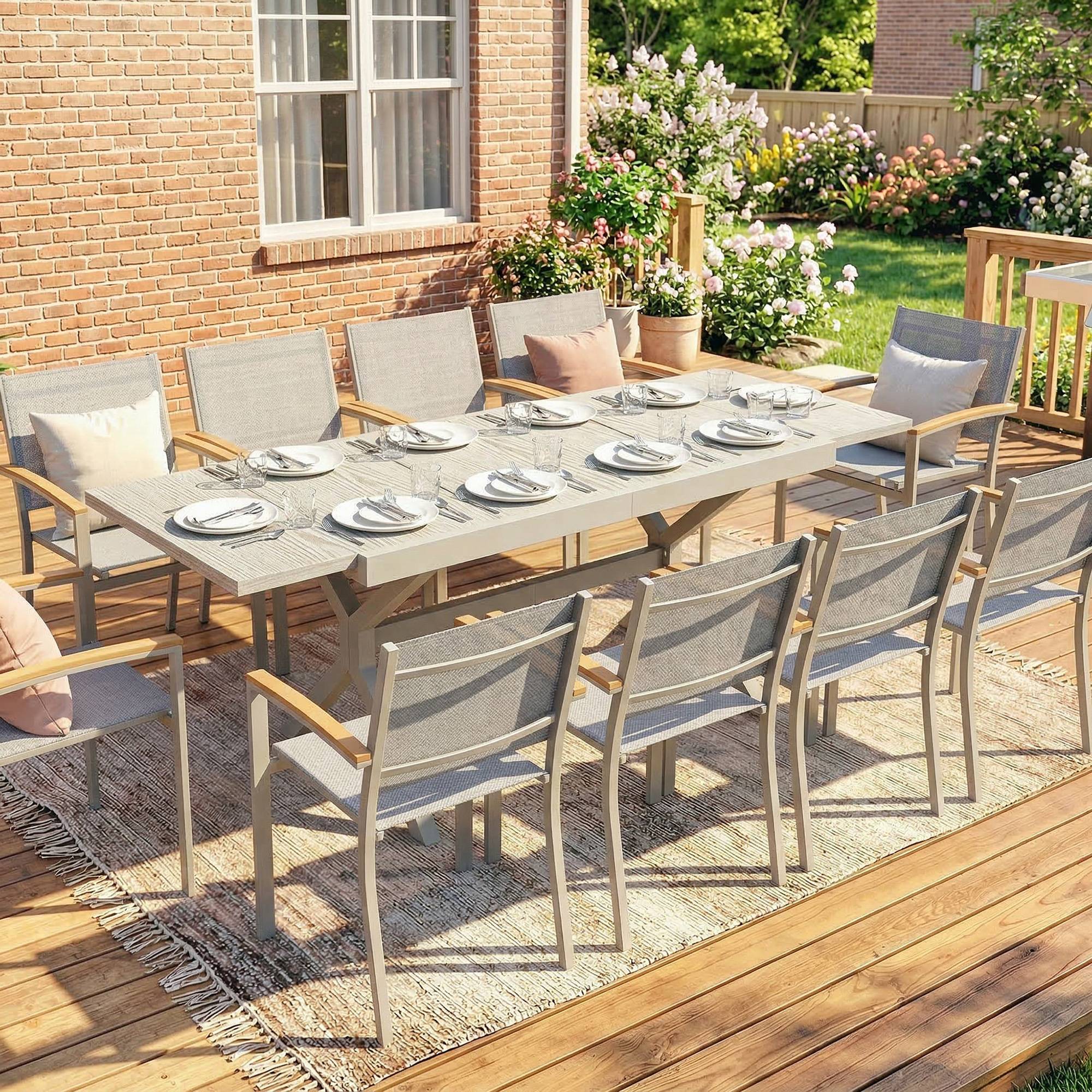 Table à manger extérieure extensible 154/214 cm pour 8-10 personnes aluminium acier, plateau imitation bois gris - Image 3