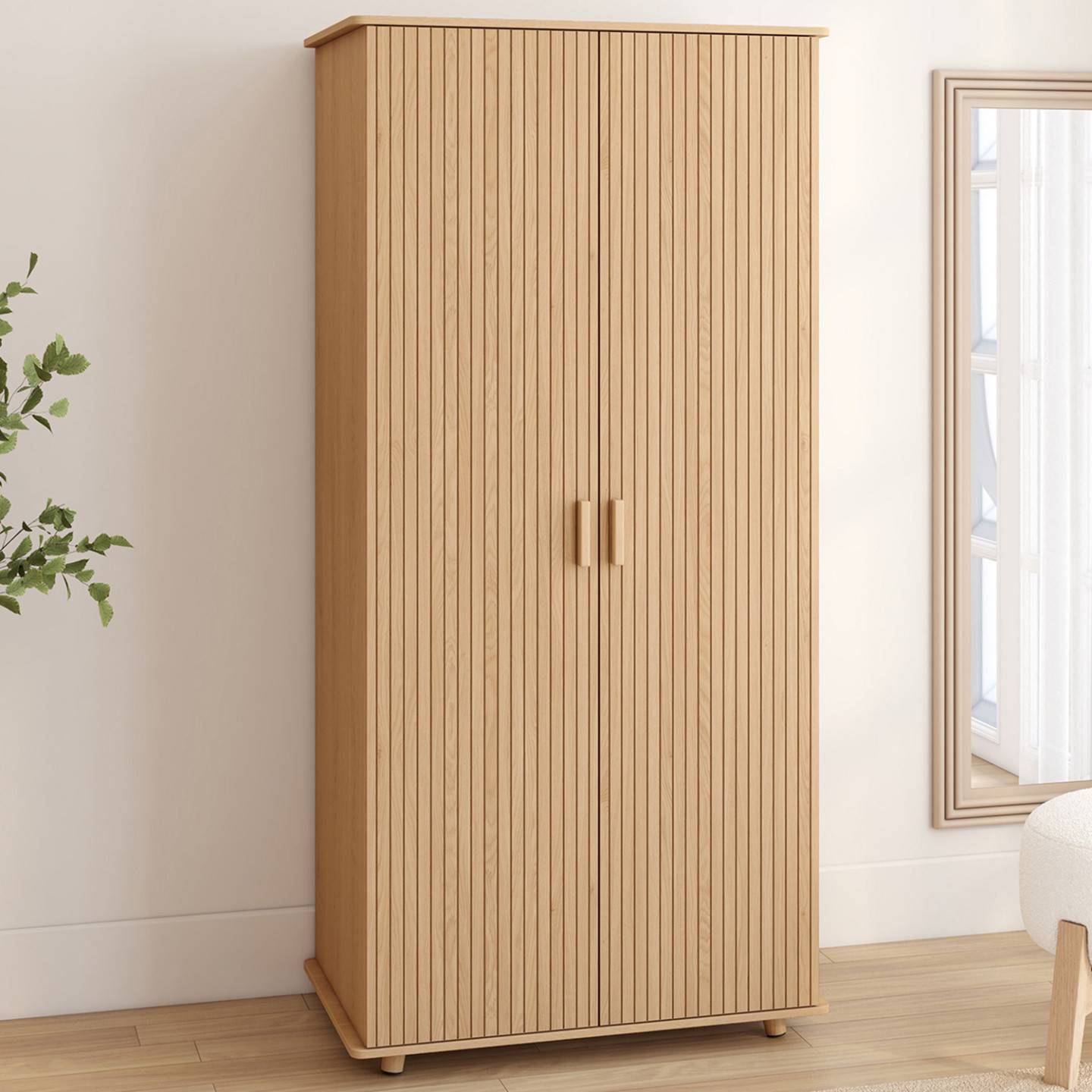 Armoire 2 portes JULIETTE effet lattes tasseau bois coloris chêne penderie 80 cm avec étagères rangement - Image 1