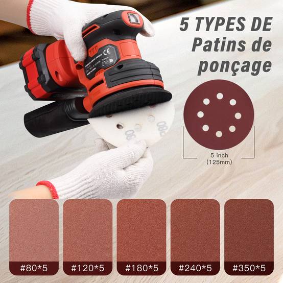 Ponceuse Orbitale Sans Fil 20V - Ponceuse Excentrique 125mm 6000-12000 tr/min, Kit Complet avec 25 Papiers de Verre, Batterie 4.0Ah et Système - Image 2