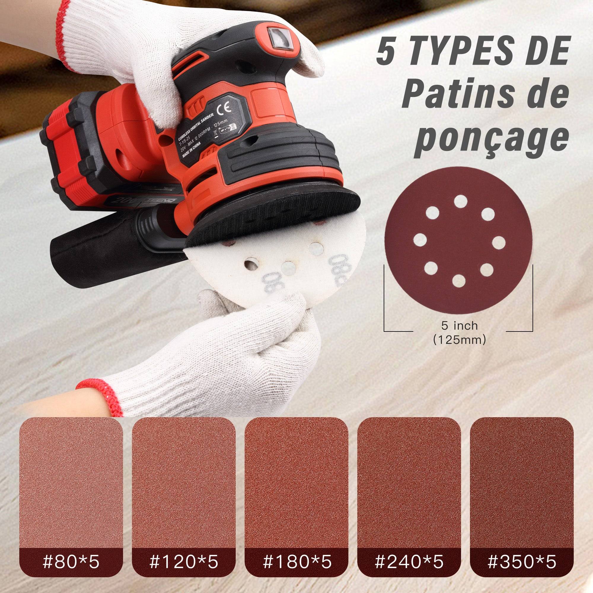 Ponceuse Orbitale Sans Fil 20V - Ponceuse Excentrique 125mm 6000-12000 tr/min, Kit Complet avec 25 Papiers de Verre, Batterie 4.0Ah et Système - Image 2