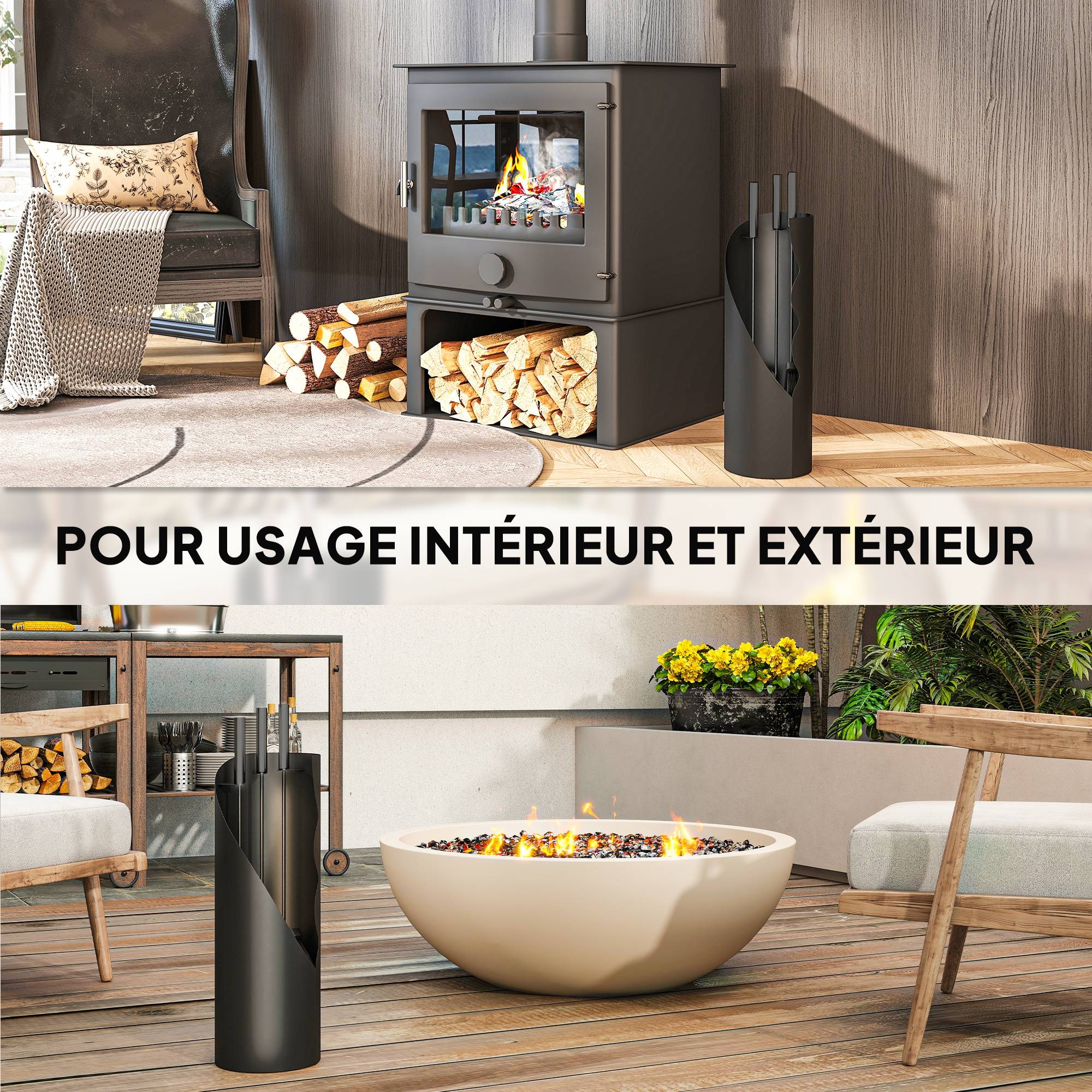 ComfortXL - Serviteur de cheminée 4 pièces en métal noir 20 x 20 x 65 cm avec seau pour rangement et entretien du foyer - Image 6