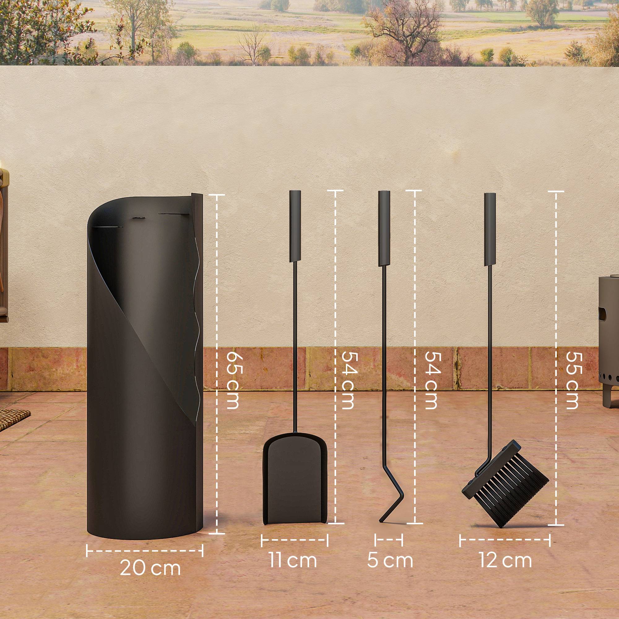 ComfortXL - Serviteur de cheminée 4 pièces en métal noir 20 x 20 x 65 cm avec seau pour rangement et entretien du foyer - Image 3