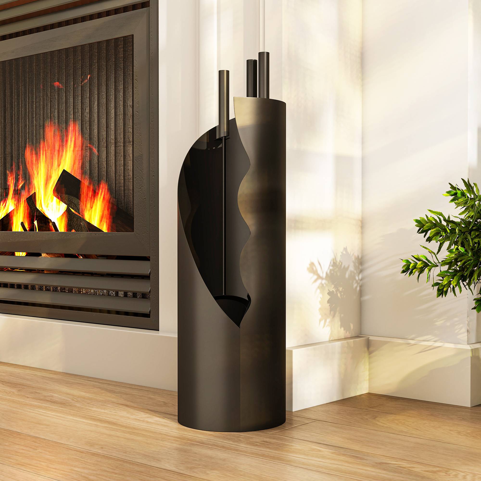 ComfortXL - Serviteur de cheminée 4 pièces en métal noir 20 x 20 x 65 cm avec seau pour rangement et entretien du foyer