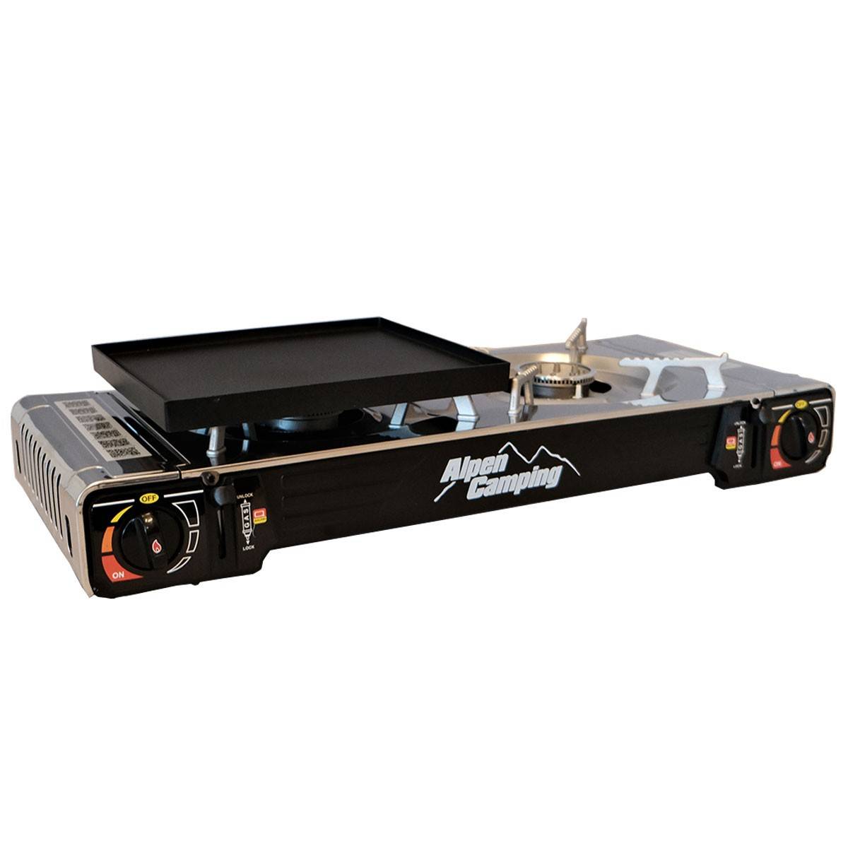 Réchaud gaz 2 feux 4400W et Plaque plancha 26 x 23cm 2en1 Allumage piezo TEXAS ALPEN Camping - Imagen 1