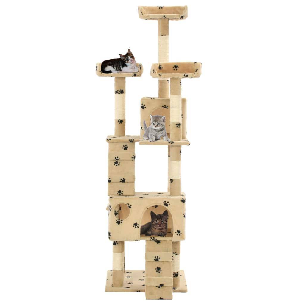 Helloshop26 - Arbre à chat griffoir grattoir niche jouet animaux peluché en sisal 170 cm beige motif de pattes - Imagen 1