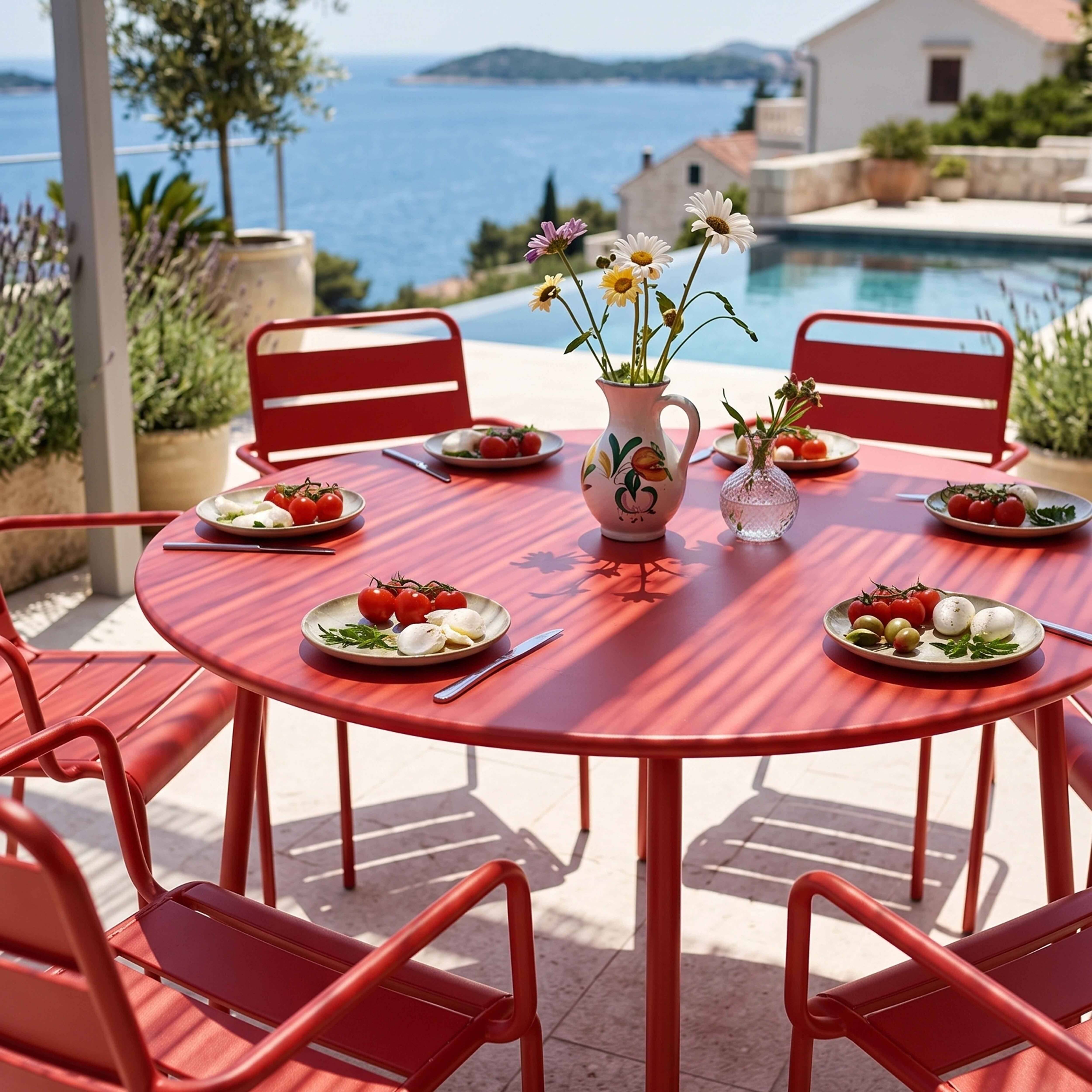 Oviala - Ensemble table de jardin ronde et 6 fauteuils acier rouge Palavas - Oviala - Imagen 4