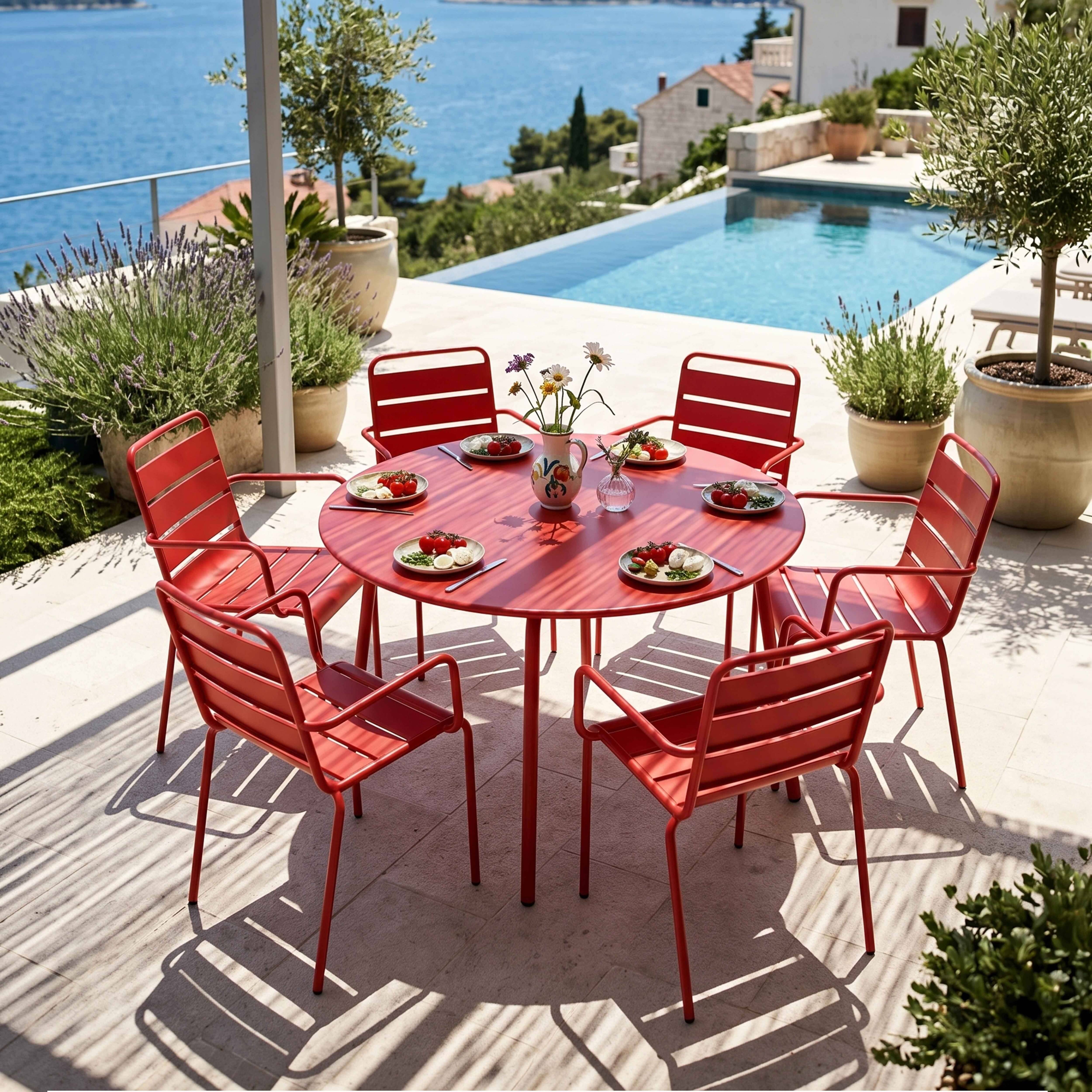 Oviala - Ensemble table de jardin ronde et 6 fauteuils acier rouge Palavas - Oviala - Imagen 2