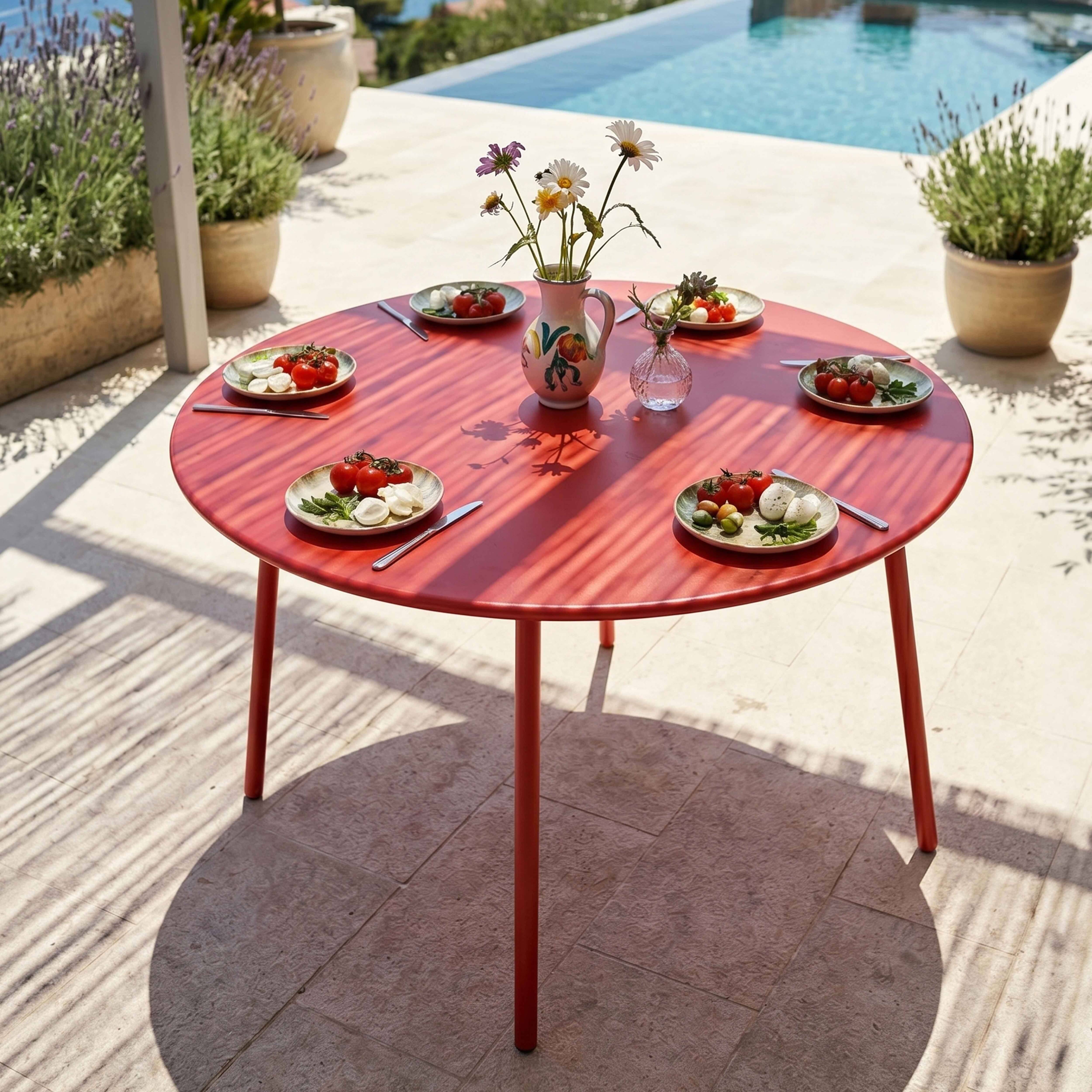 Oviala - Ensemble table de jardin ronde et 6 fauteuils acier rouge Palavas - Oviala - Imagen 3