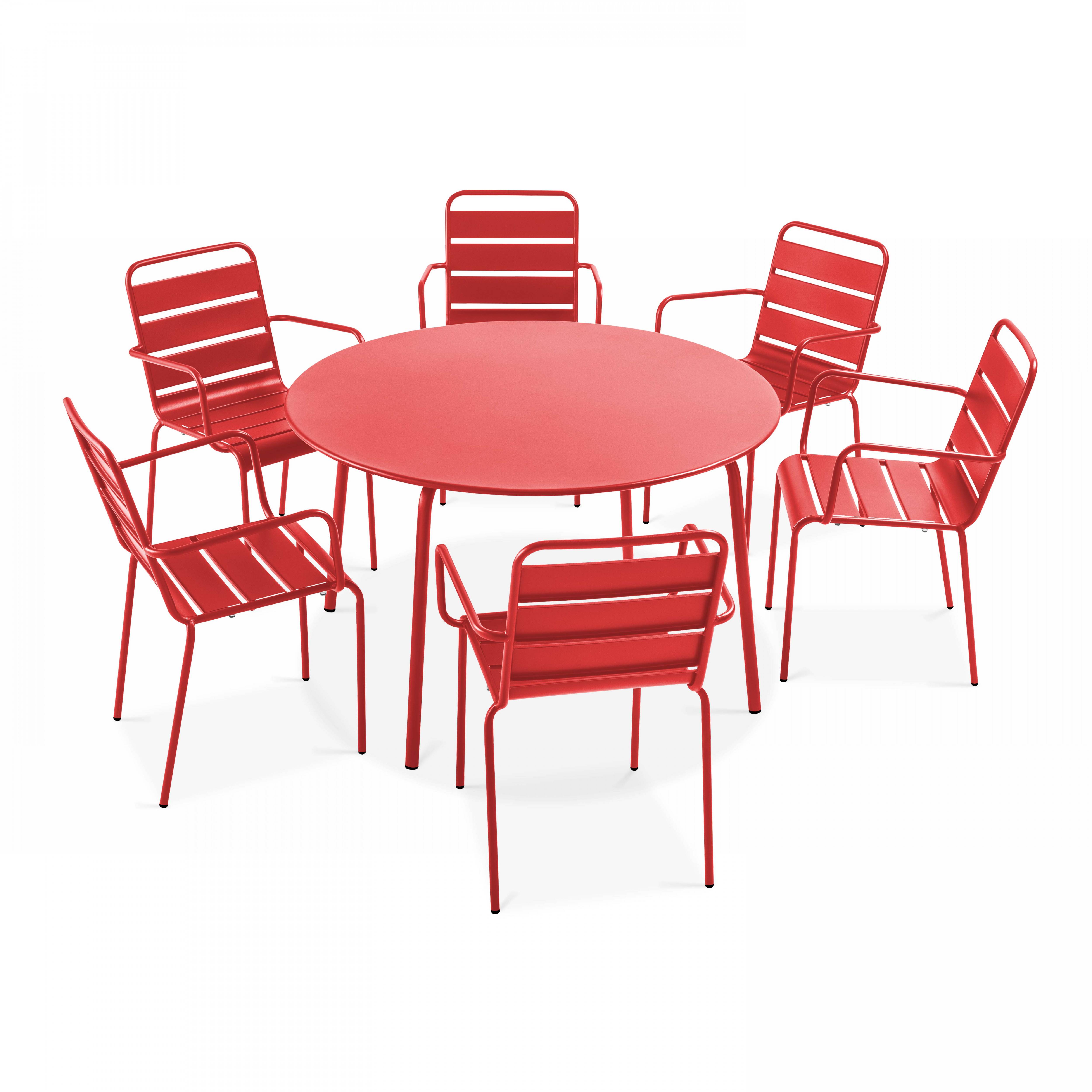 Oviala - Ensemble table de jardin ronde et 6 fauteuils acier rouge Palavas - Oviala - Imagen 1