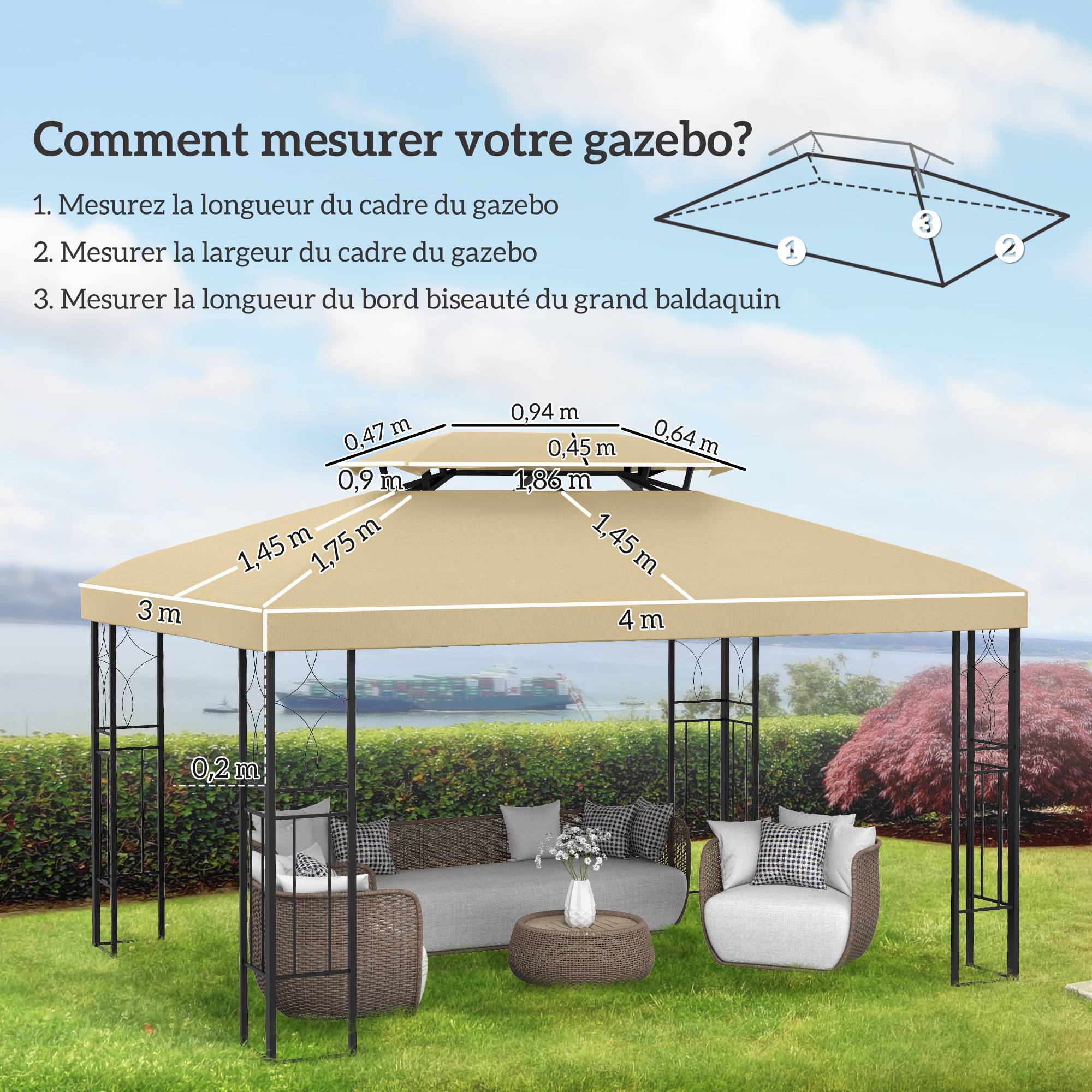 Toile de rechange tissu pour tonnelle double toit ventilation 3x4m beige - ComfortXL Outdoor Living - Image 5