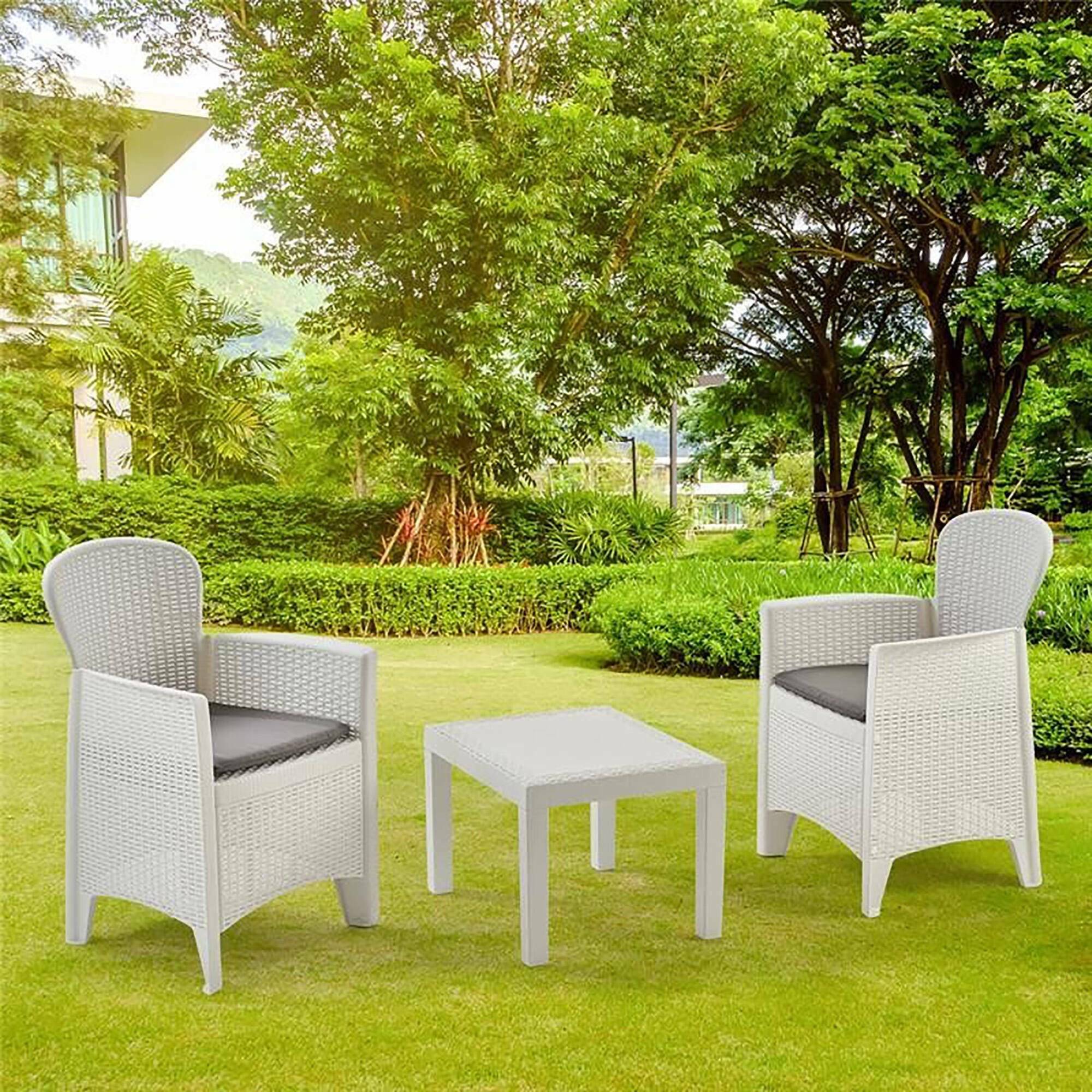 Dmora - Ensemble de salon d'extérieur Foggia, Composition de jardin avec 2 fauteuils et 1 table basse, Salon effet rotin avec coussins, Blanc - Dmora - Imagen 4