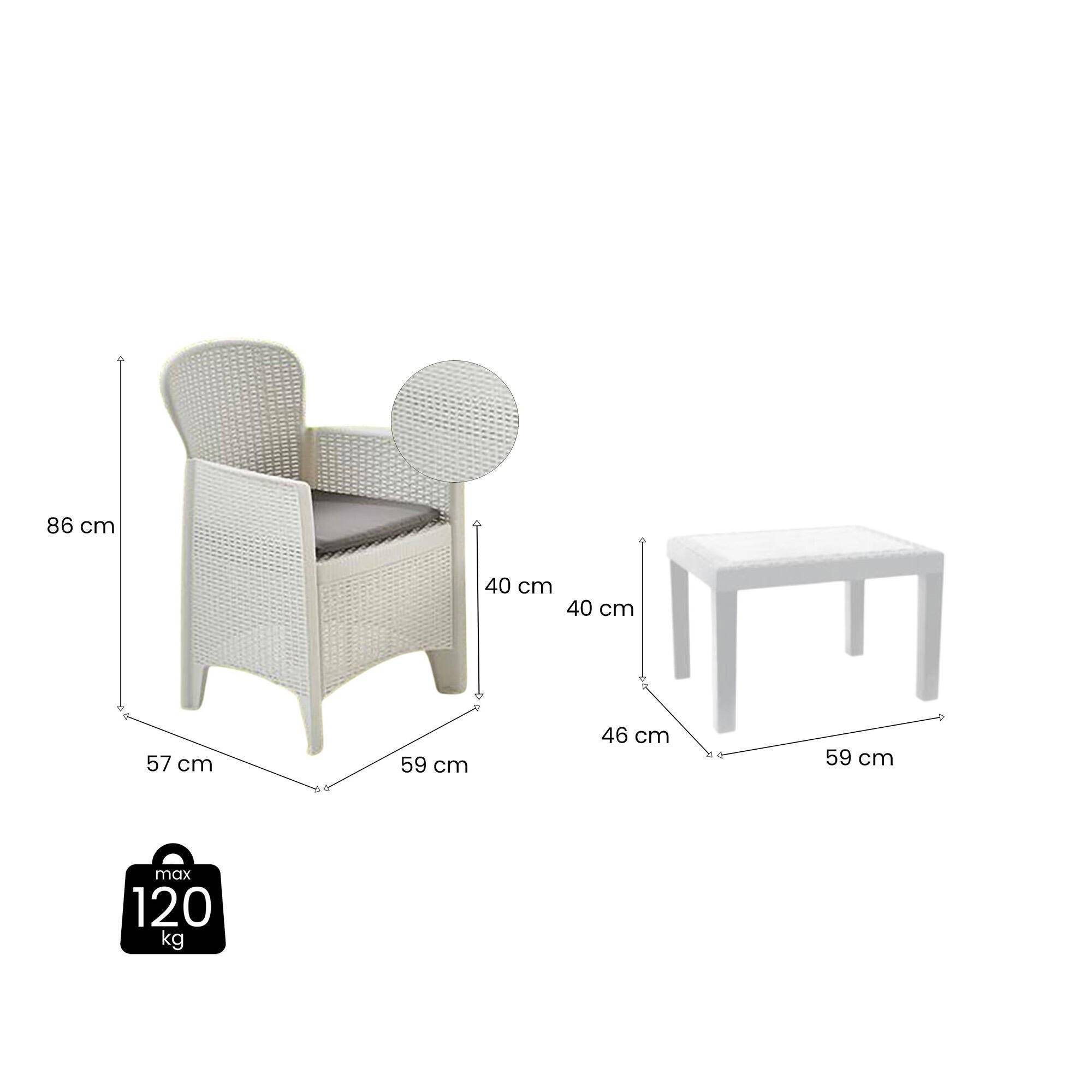 Dmora - Ensemble de salon d'extérieur Foggia, Composition de jardin avec 2 fauteuils et 1 table basse, Salon effet rotin avec coussins, Blanc - Dmora - Imagen 3