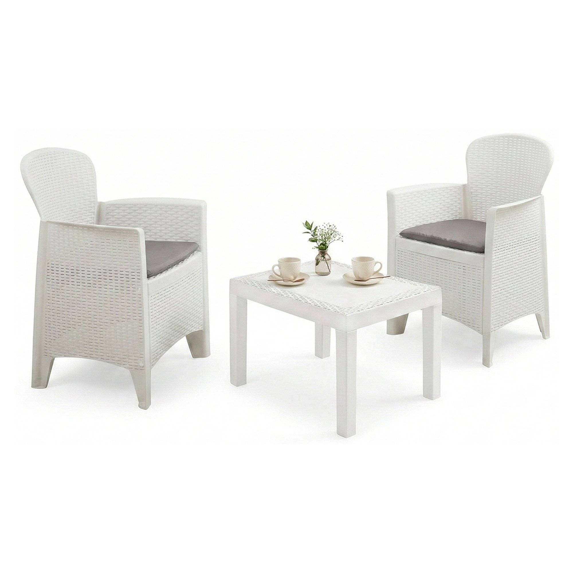 Dmora - Ensemble de salon d'extérieur Foggia, Composition de jardin avec 2 fauteuils et 1 table basse, Salon effet rotin avec coussins, Blanc - Dmora - Imagen 1