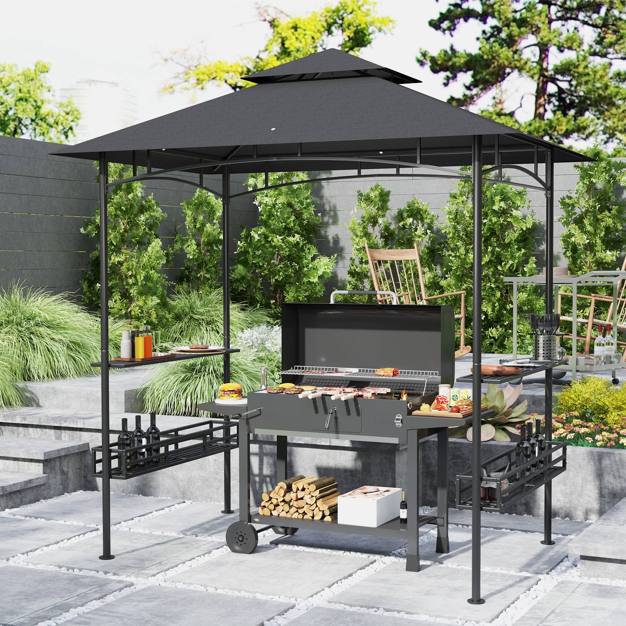 Outsunny - Tonnelle de barbecue et réception jardin 240x150x257 cm avec crochet plafond, étagères et paniers rangement structure métal galvanisé gris - Outsunny - Image 2