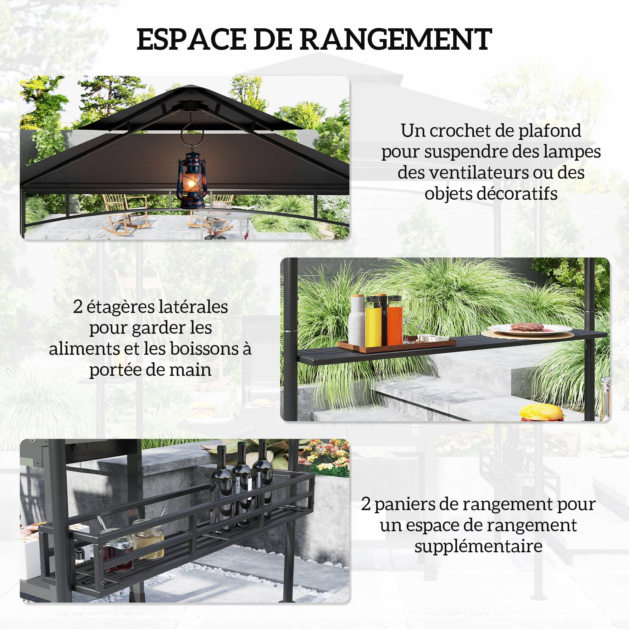 Outsunny - Tonnelle de barbecue et réception jardin 240x150x257 cm avec crochet plafond, étagères et paniers rangement structure métal galvanisé gris - Outsunny - Image 7