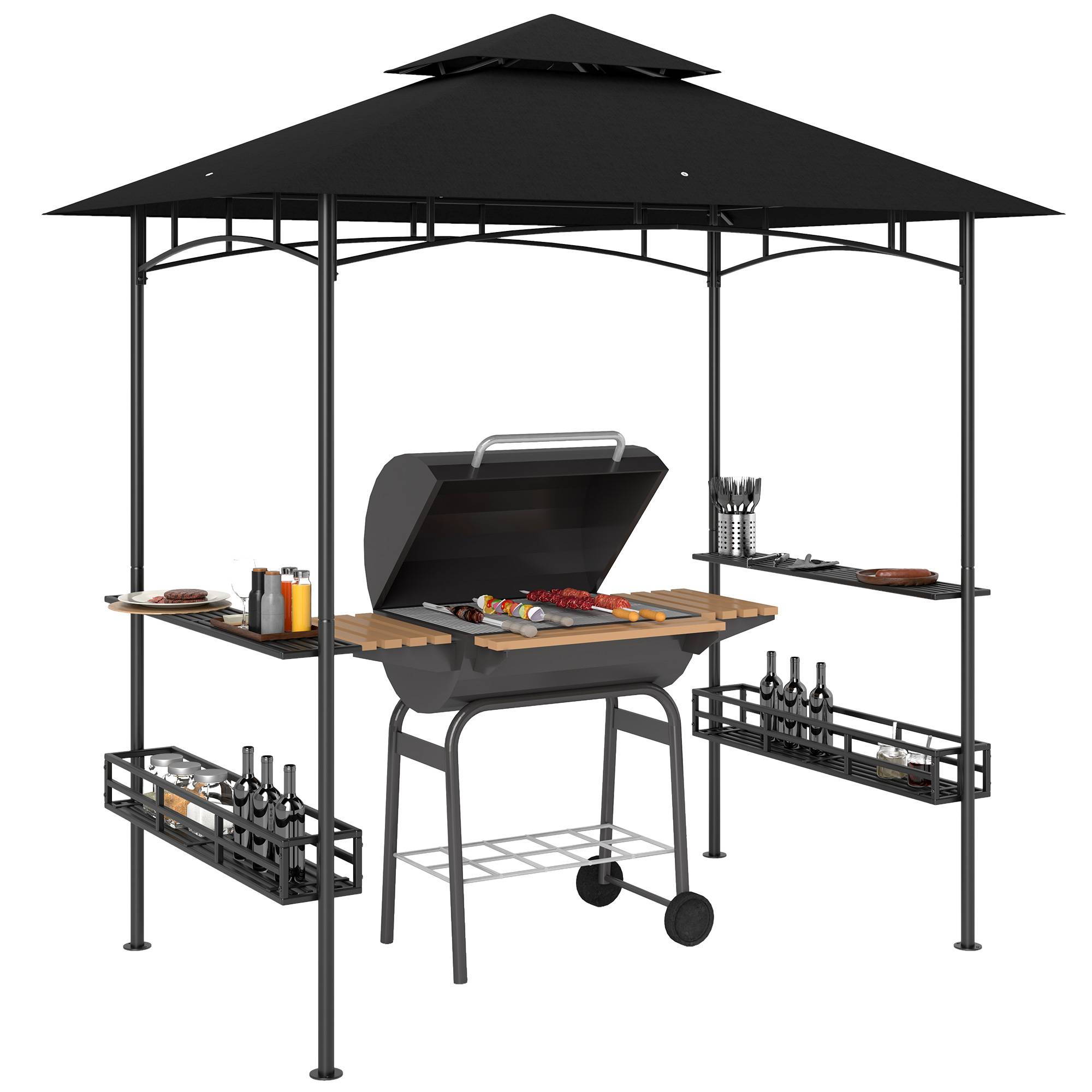 Outsunny - Tonnelle de barbecue et réception jardin 240x150x257 cm avec crochet plafond, étagères et paniers rangement structure métal galvanisé gris - Outsunny - Image 1