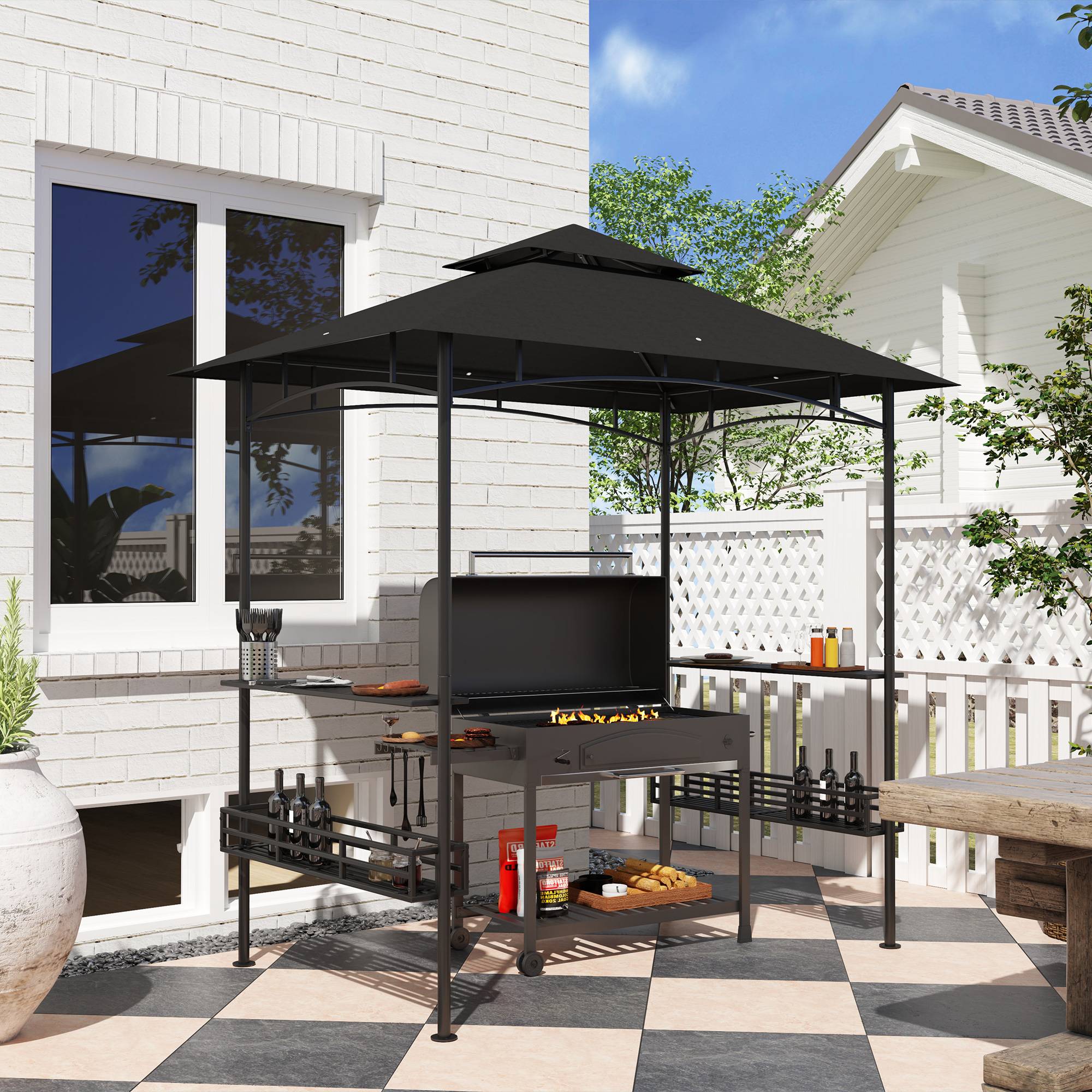 Outsunny - Tonnelle de barbecue et réception jardin 240x150x257 cm avec crochet plafond, étagères et paniers rangement structure métal galvanisé gris - Outsunny - Image 4
