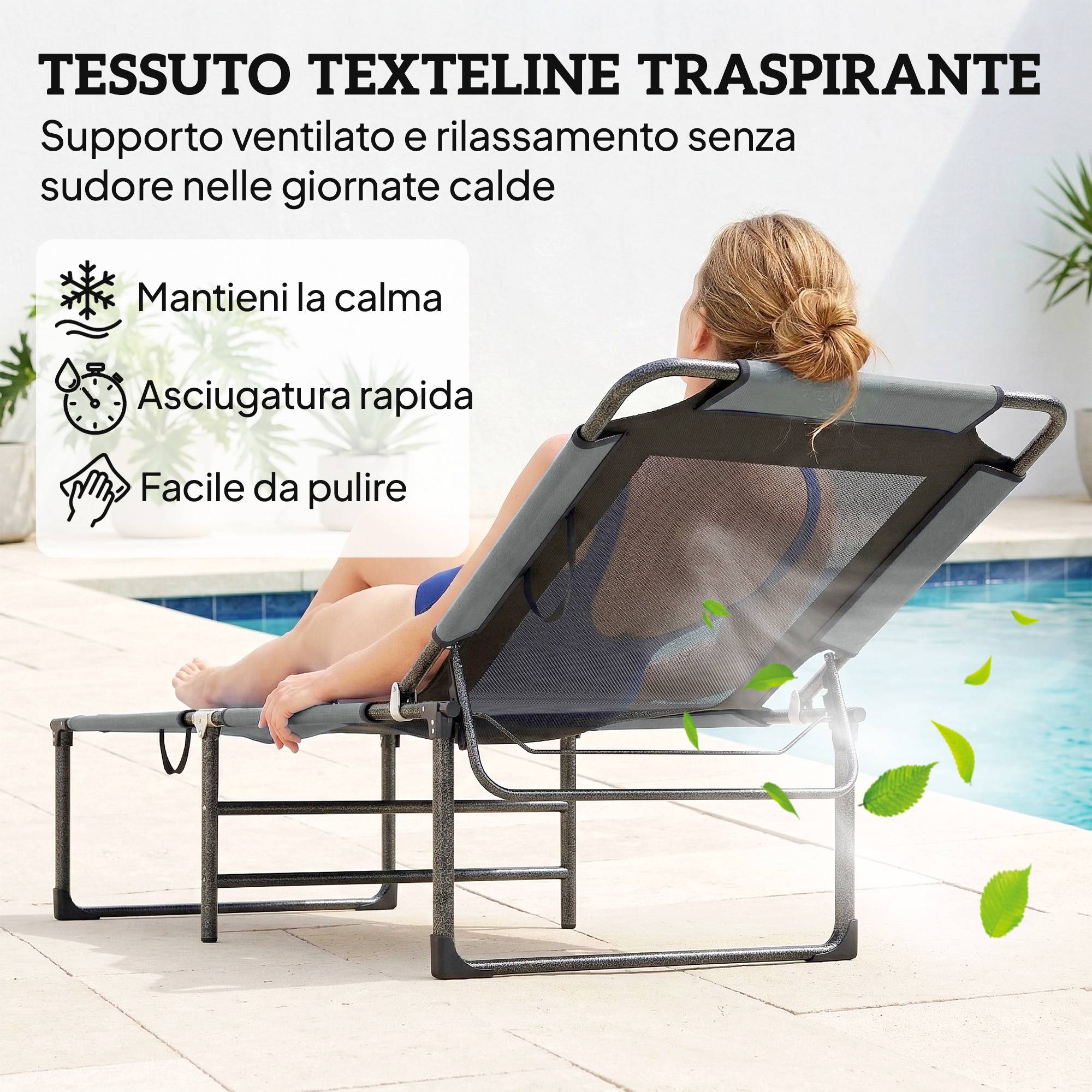Chaise longue d'extérieur inclinable 4 positions, chaise pliante avec poignée, grise. - Image 8