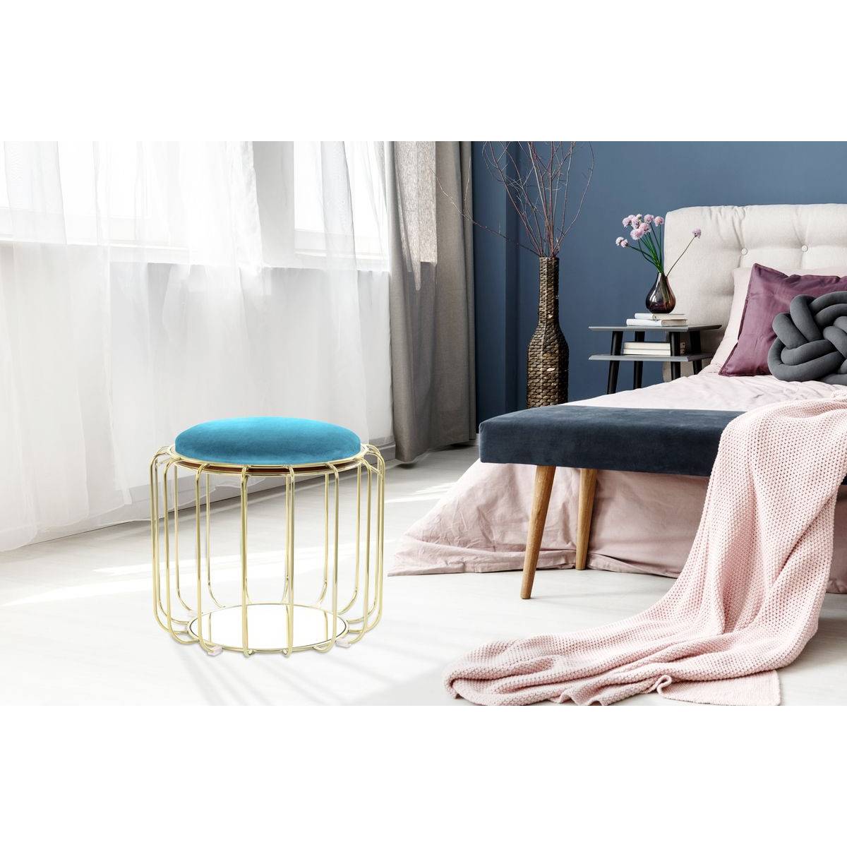 Paris Prix - Pouf & Table d'Appoint "Comfortable" 50cm Turquoise & Or - Image 3
