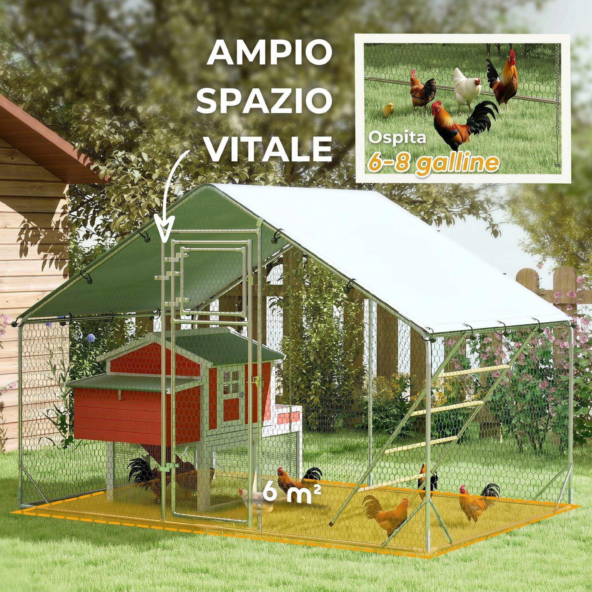 Poulailler de 6 m² pour 6 à 8 poules, avec toit étanche, mangeoire et perchoir, 3 x 2 x 1,9 m, argent - Image 6
