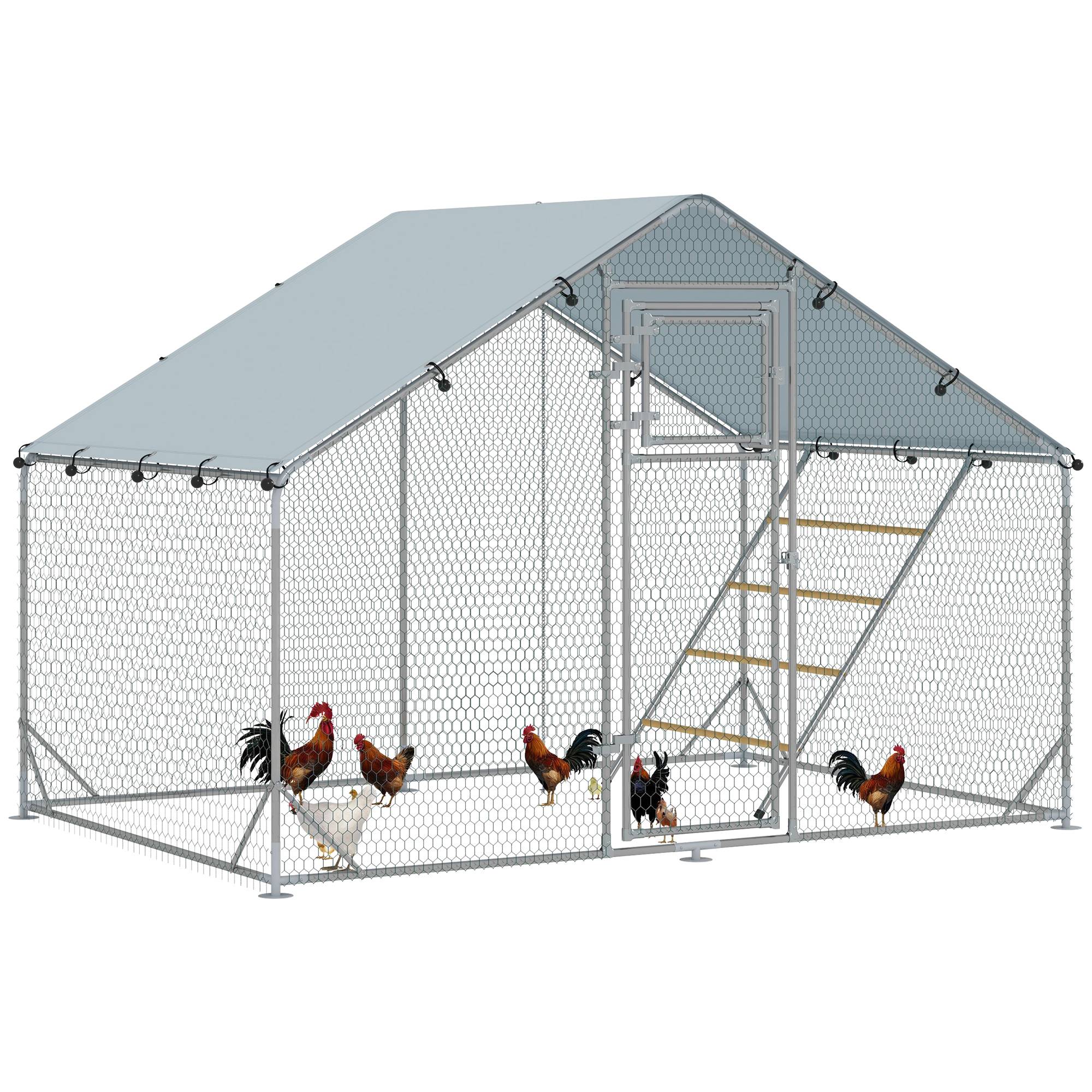 Poulailler de 6 m² pour 6 à 8 poules, avec toit étanche, mangeoire et perchoir, 3 x 2 x 1,9 m, argent - Image 1