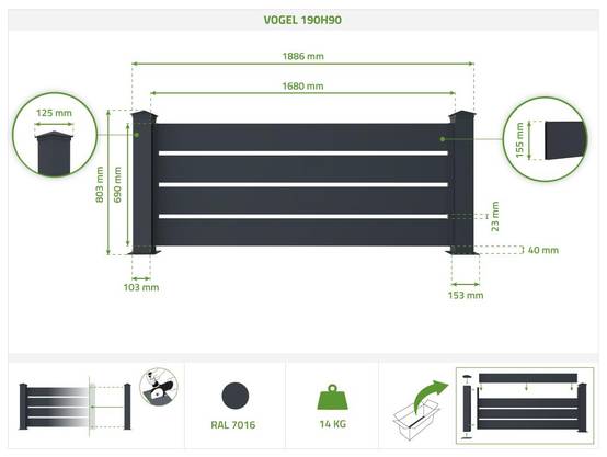 Casanoov Kit clôture aluminium ajourée VOGEL – H.90 cm – L.1,90 m – kit complet - Image 2