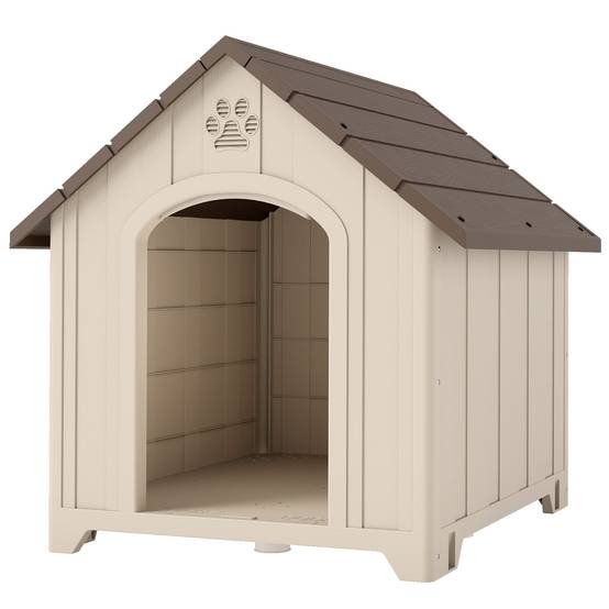 Niche extérieure en plastique, grand chien, 2 fenêtres, base surélevée, piquets, beige - Image 2