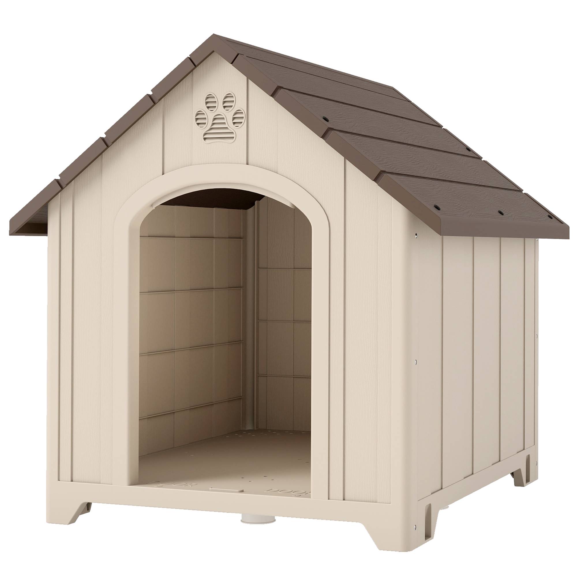 Niche extérieure en plastique, grand chien, 2 fenêtres, base surélevée, piquets, beige - Image 2