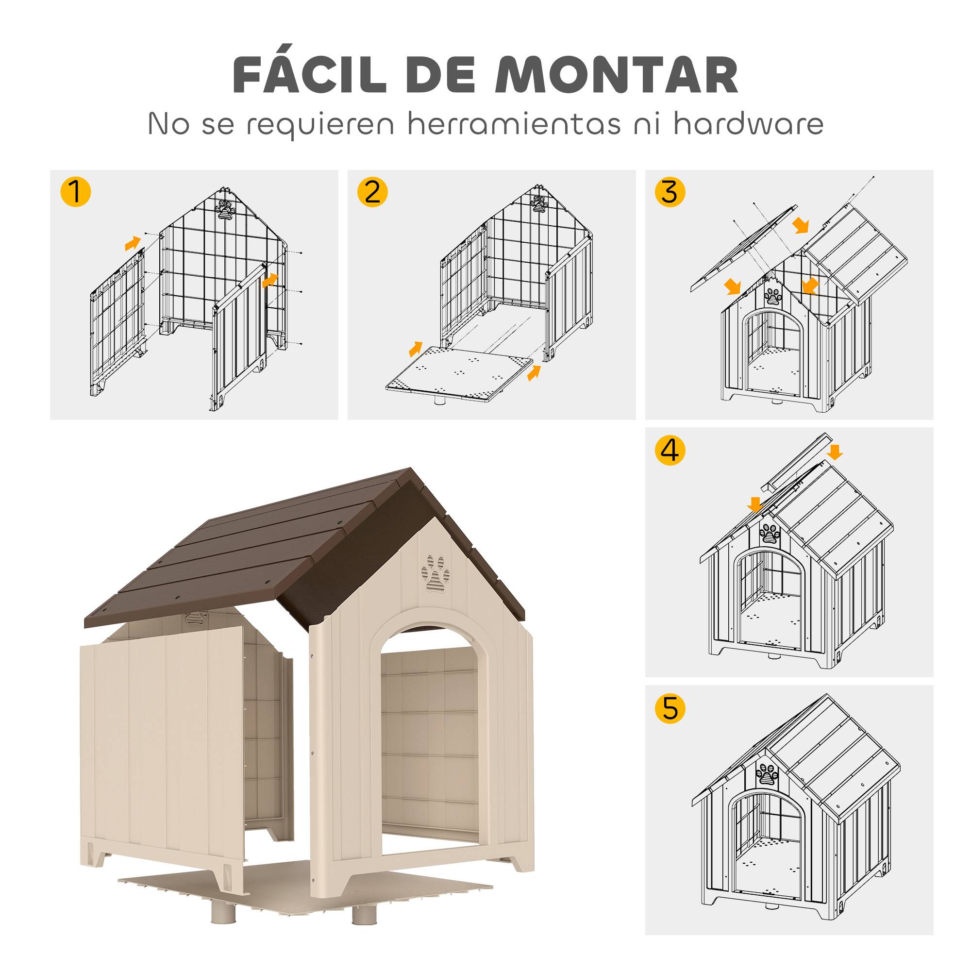 Niche extérieure en plastique, grand chien, 2 fenêtres, base surélevée, piquets, beige - Image 9