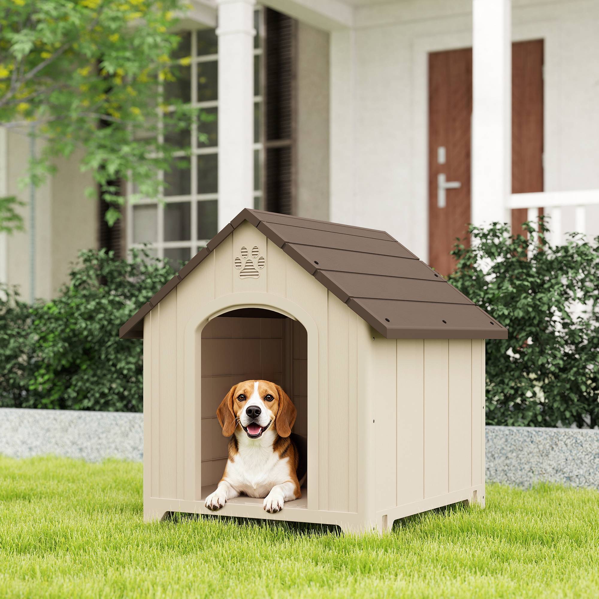 Niche extérieure en plastique, grand chien, 2 fenêtres, base surélevée, piquets, beige - Image 4