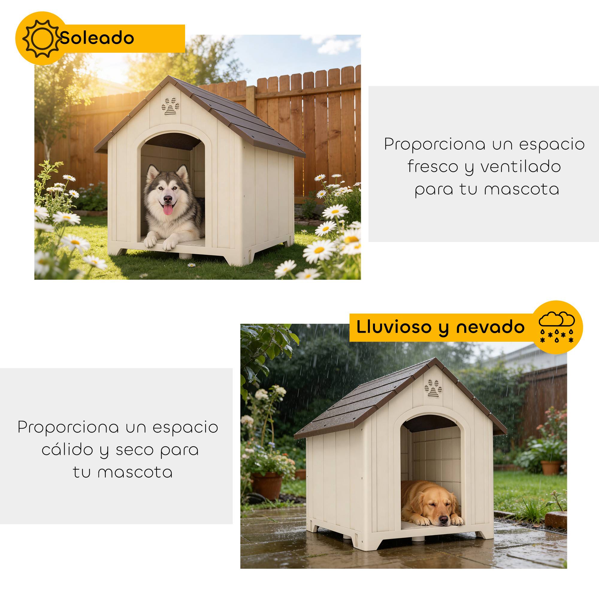 Niche extérieure en plastique, grand chien, 2 fenêtres, base surélevée, piquets, beige - Image 8