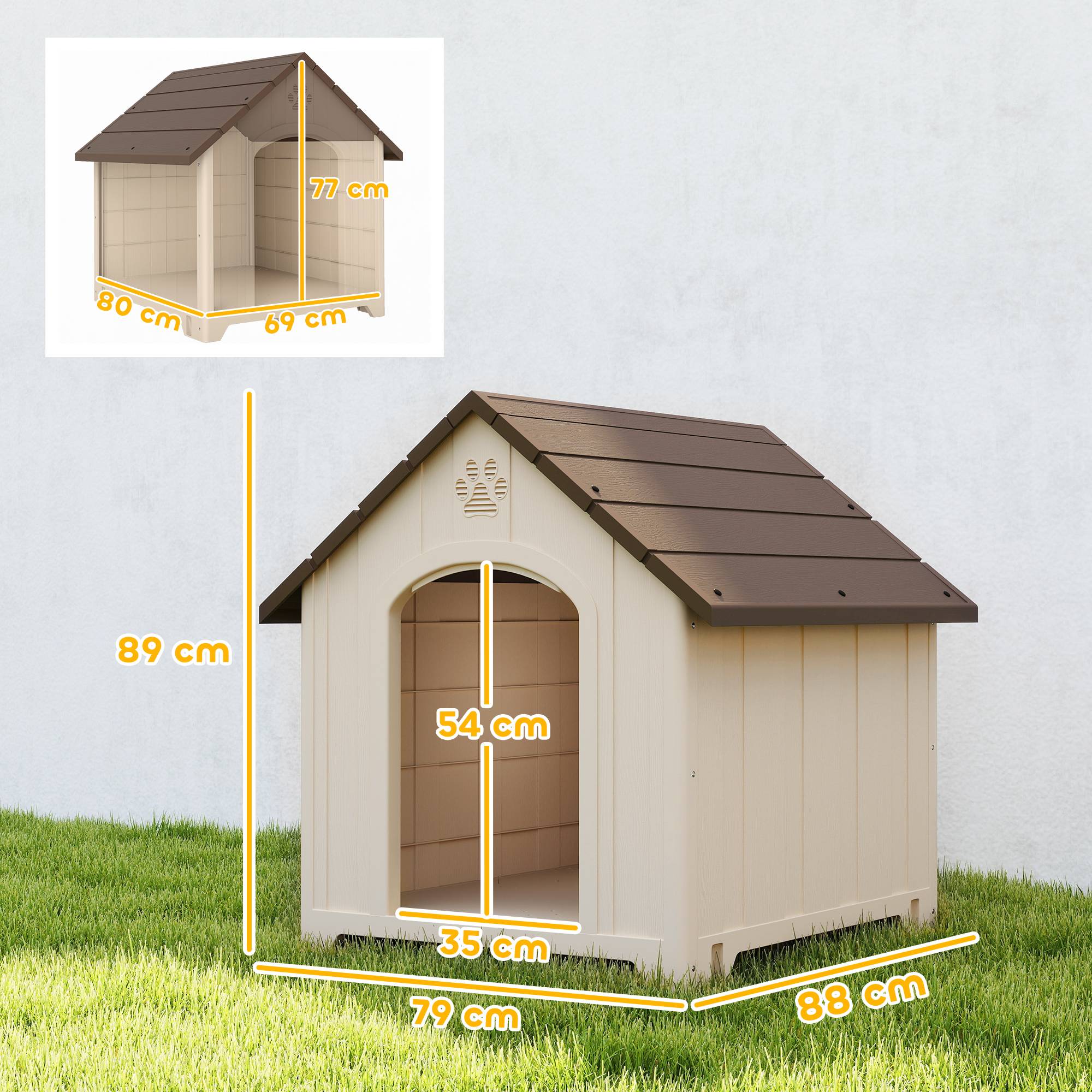 Niche extérieure en plastique, grand chien, 2 fenêtres, base surélevée, piquets, beige - Image 5