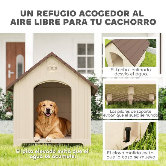 Niche extérieure en plastique, grand chien, 2 fenêtres, base surélevée, piquets, beige - Image 6