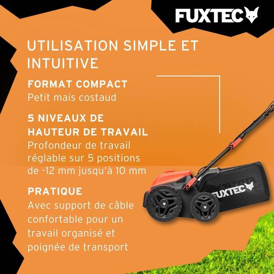 FUXTEC - Scarificateur Électrique Fx-ev360 Fuxtec, 1500 W, Largeur 36 Cm, 5 Niveaux De Profondeur, Bac 45 L, Aérateur De Gazon - Image 5