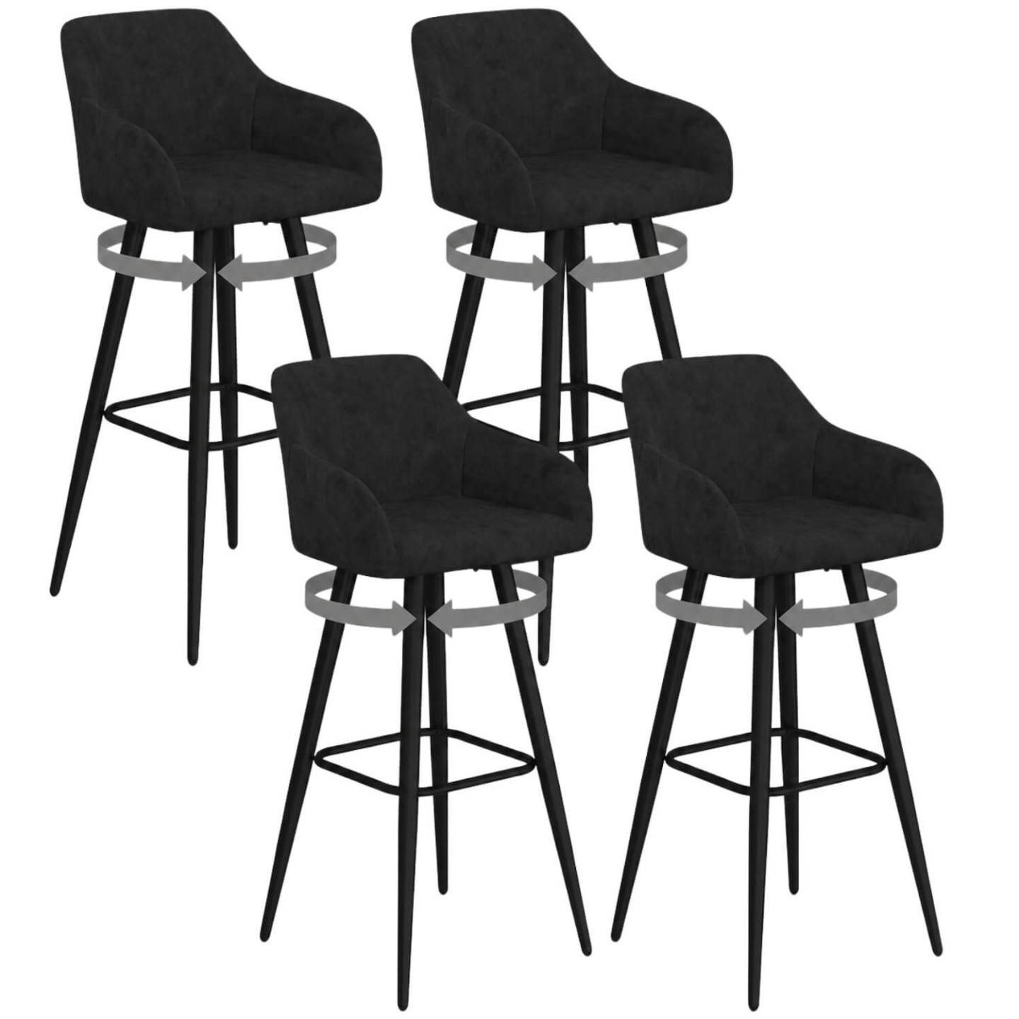 IDMARKET - Lot de 4 tabourets de bar JANY pivotants avec accoudoirs en velours noir et pieds bois noir - Image 2
