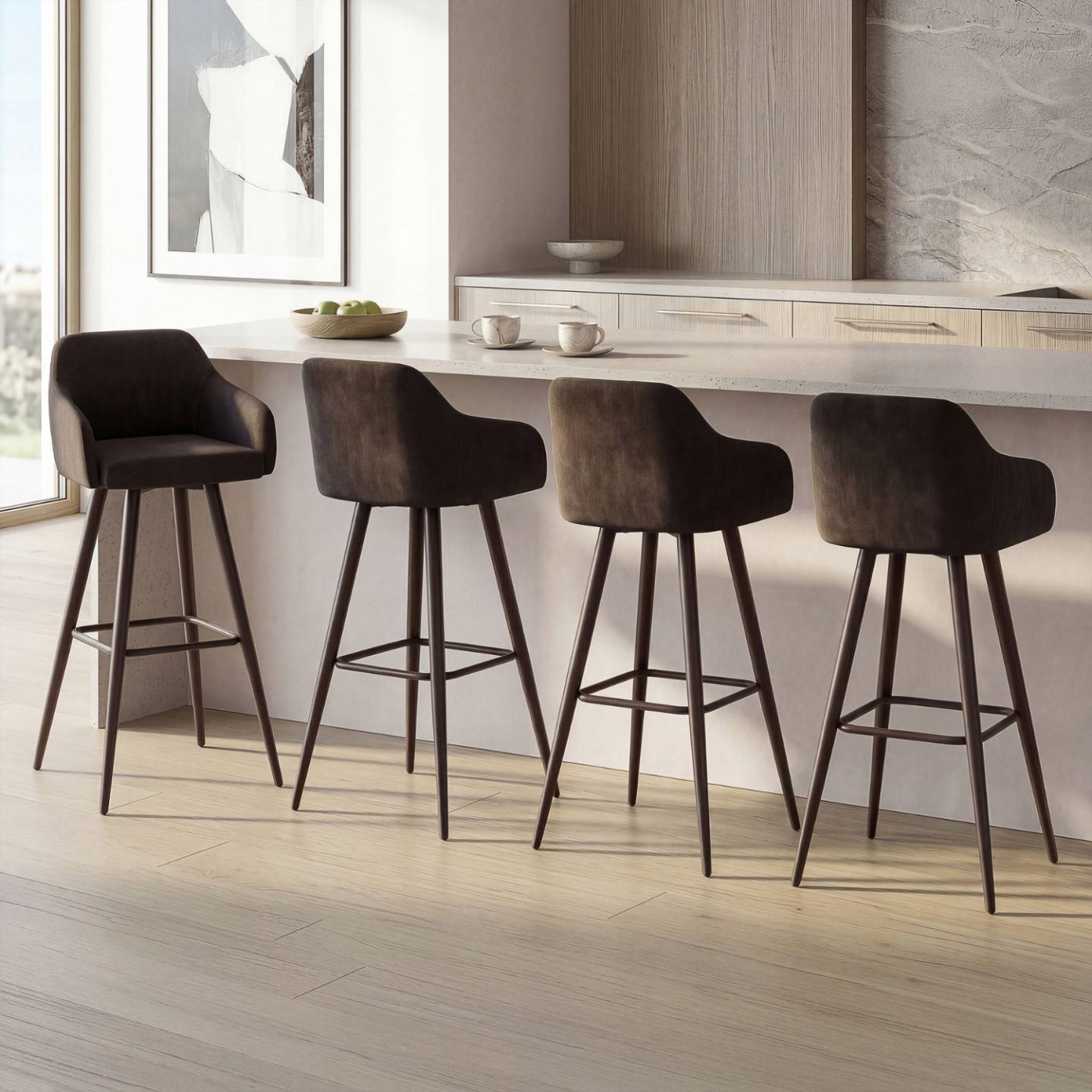 IDMARKET - Lot de 4 tabourets de bar JANY pivotants avec accoudoirs en velours noir et pieds bois noir