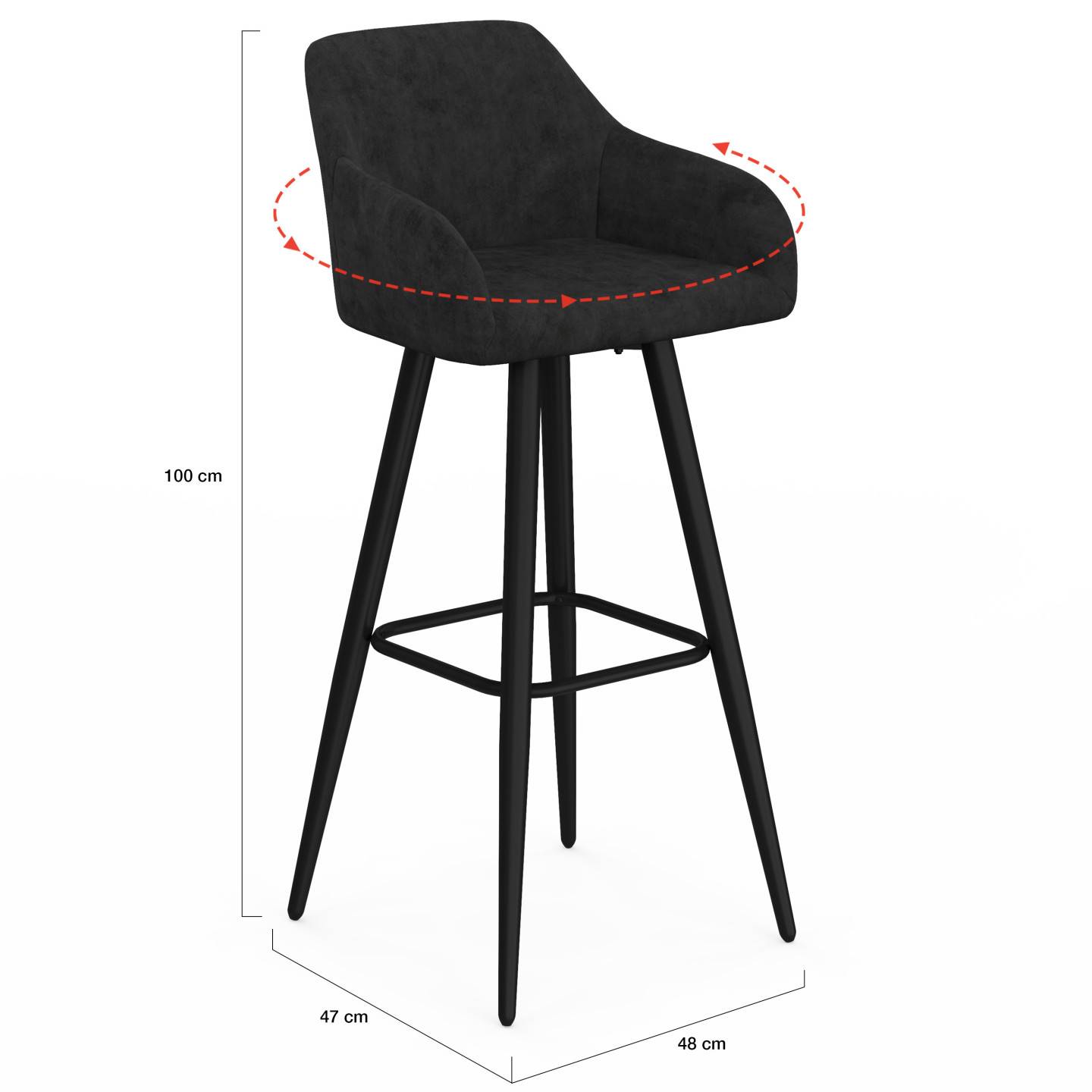 IDMARKET - Lot de 4 tabourets de bar JANY pivotants avec accoudoirs en velours noir et pieds bois noir - Image 5