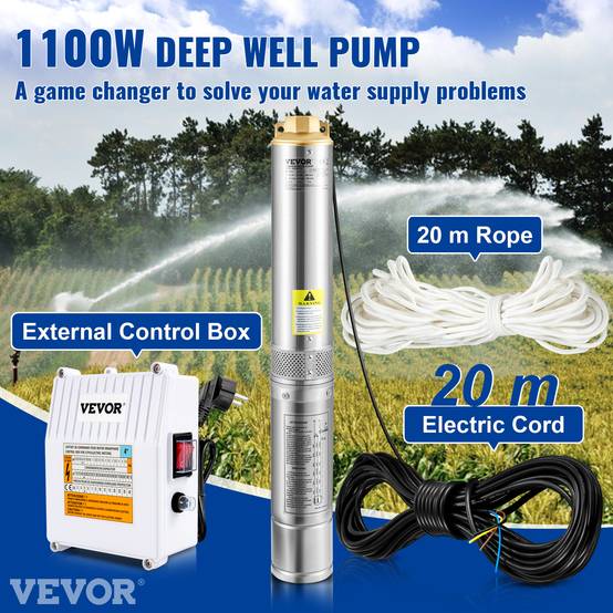 VEVOR Pompe submersible puits 190 L/min, hauteur 57 m, 1100W, acier inox, usage domestique/industriel. - Image 2
