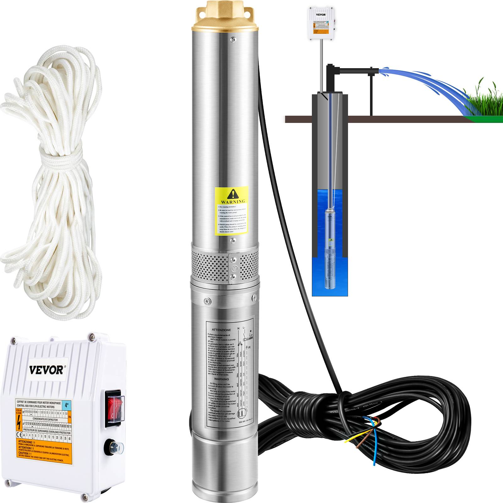 VEVOR Pompe submersible puits 190 L/min, hauteur 57 m, 1100W, acier inox, usage domestique/industriel. - Image 1