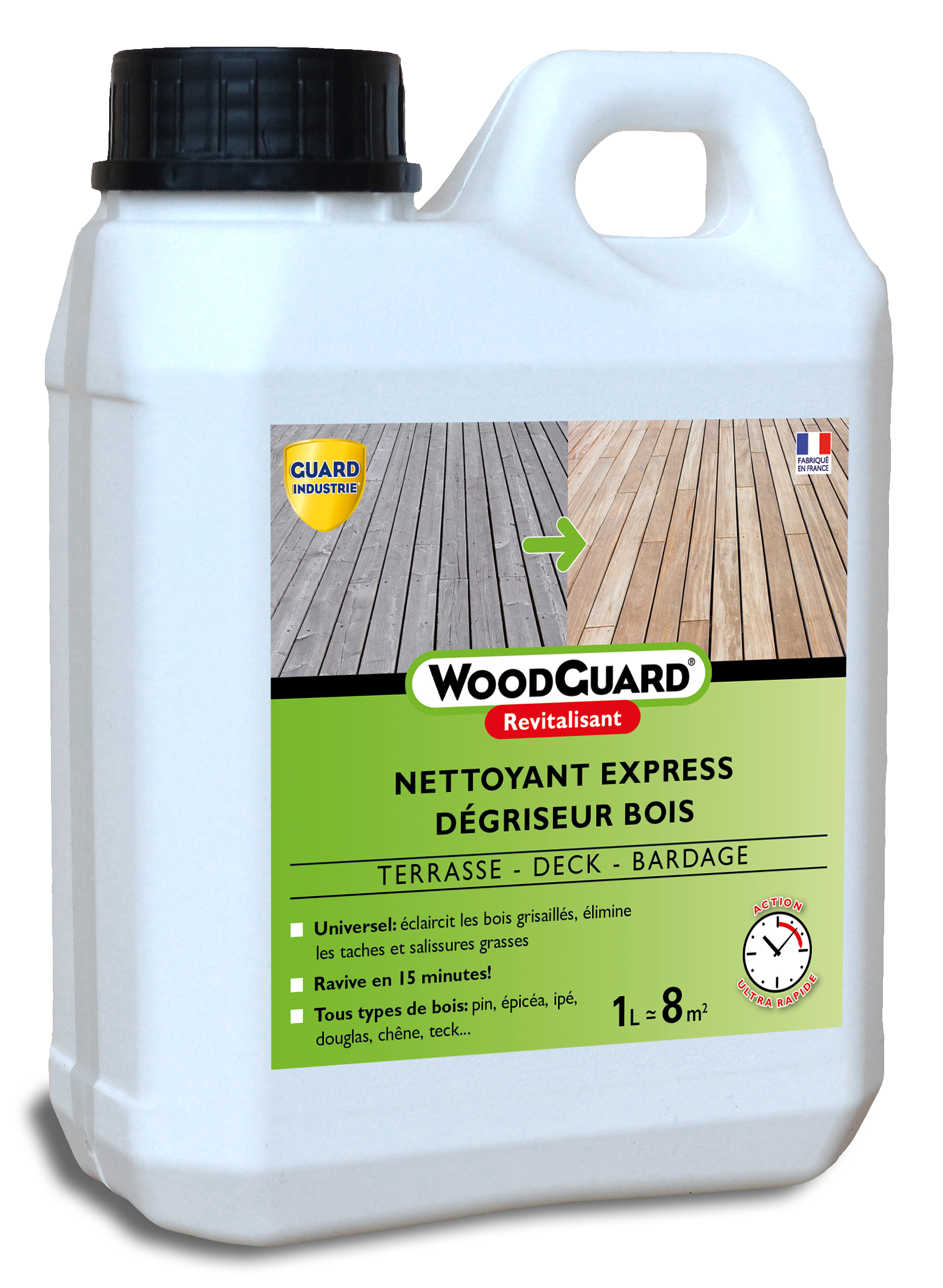 Dégriseur Nettoyant Bois WoodGuard Revitalisant Redonne Couleurs au Bois Efficace en 15 Minutes 1L 8m²