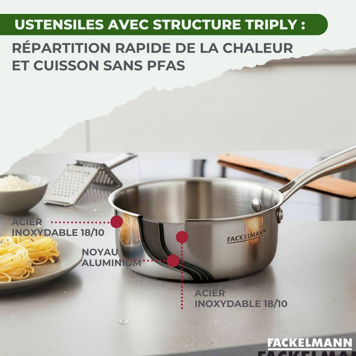 Batterie de cuisine avec 2 poêles 24/26 cm et 3 casseroles 14/18 cm en inox sans PFAS Fackelmann Vita3 - Image 5